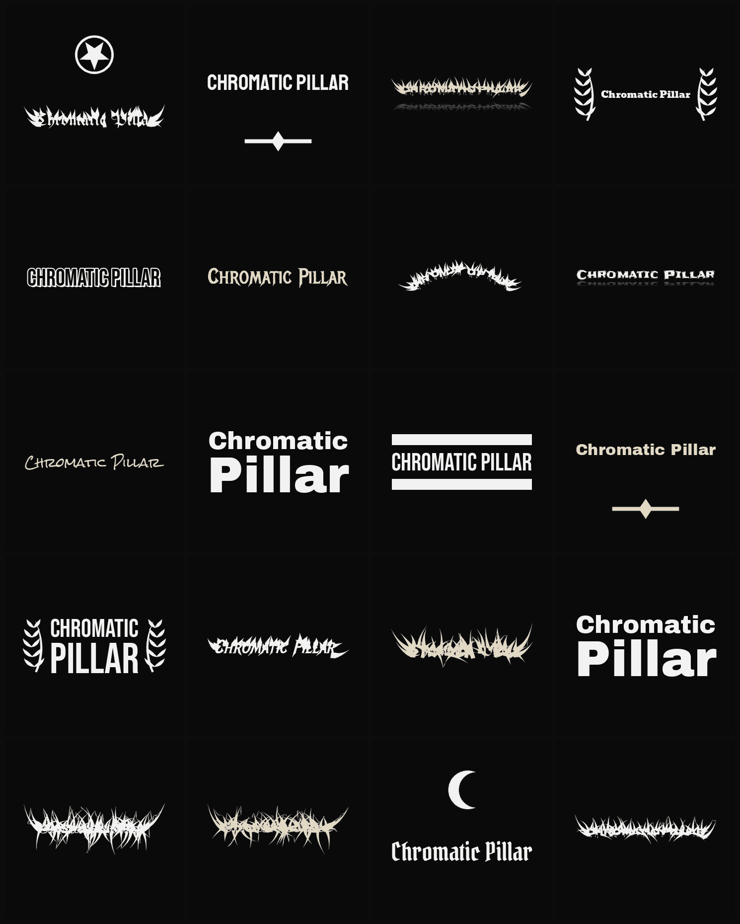Twenty Chromatic Pillar band logo ideas — different faces, treatments and spike settings