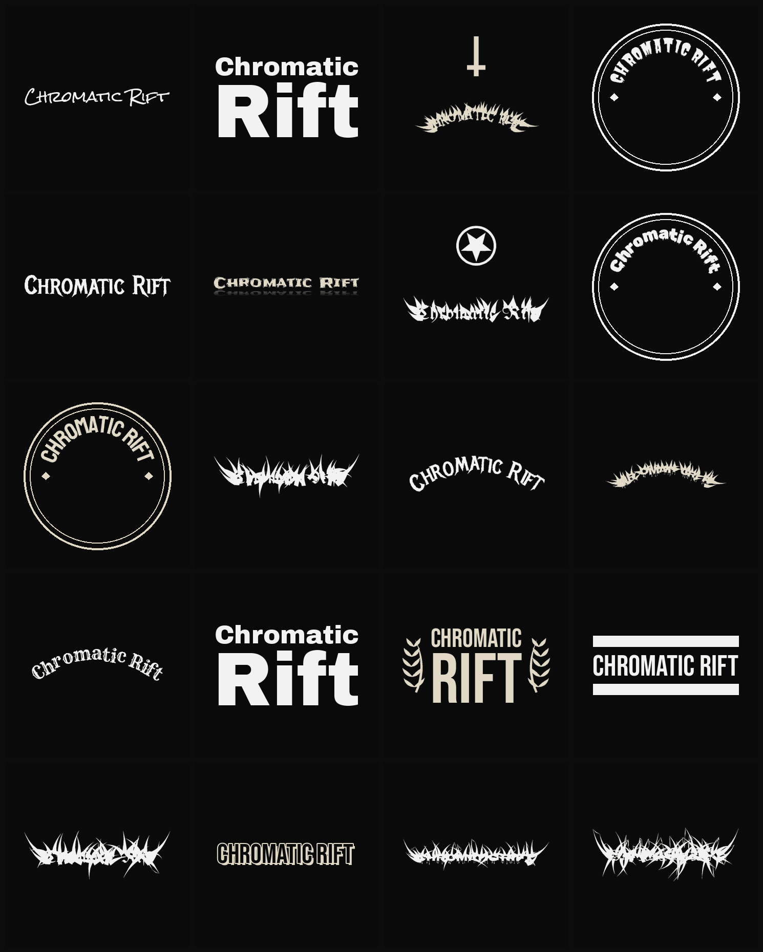 Twenty Chromatic Rift band logo ideas — different faces, treatments and spike settings