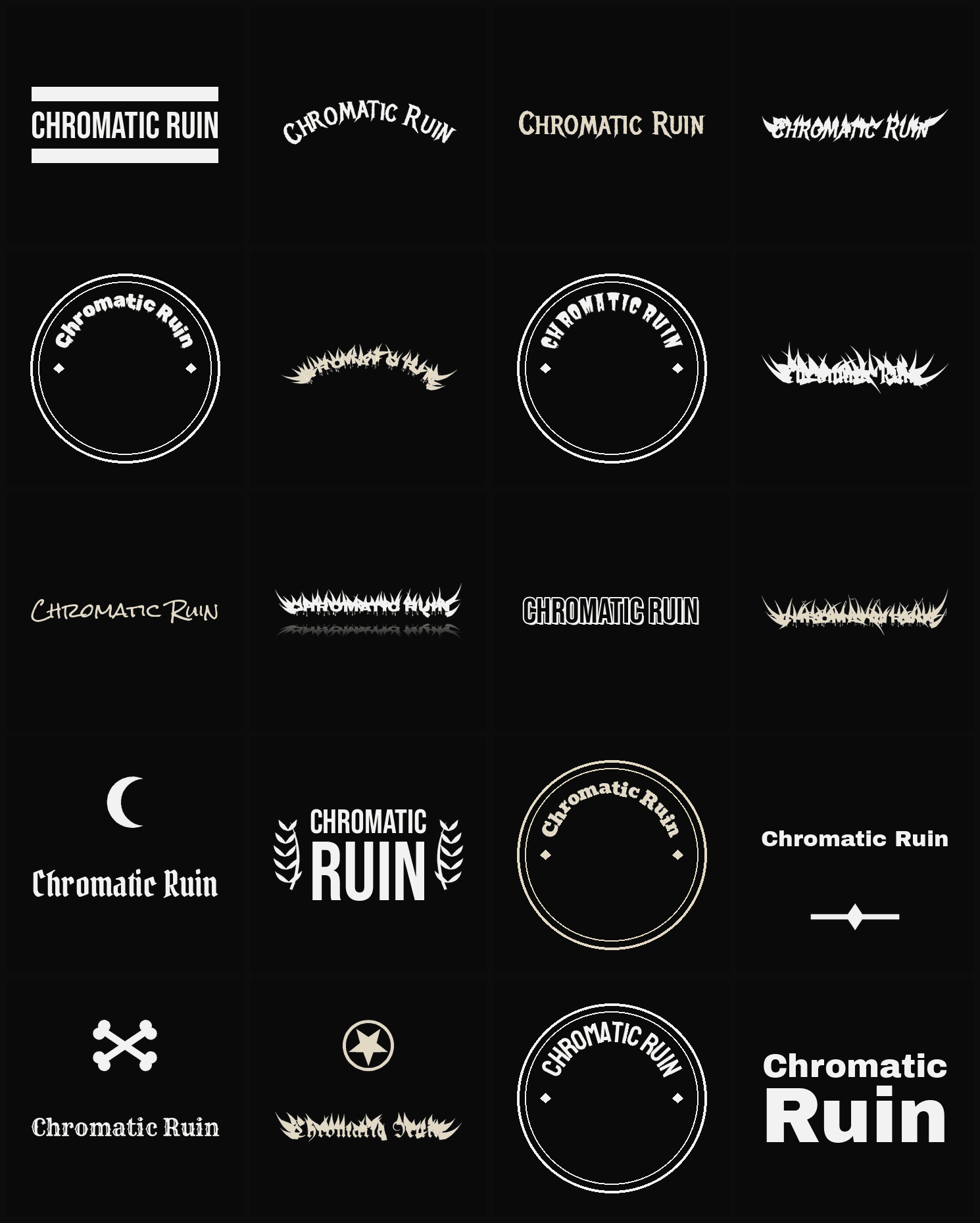 Twenty Chromatic Ruin band logo ideas — different faces, treatments and spike settings
