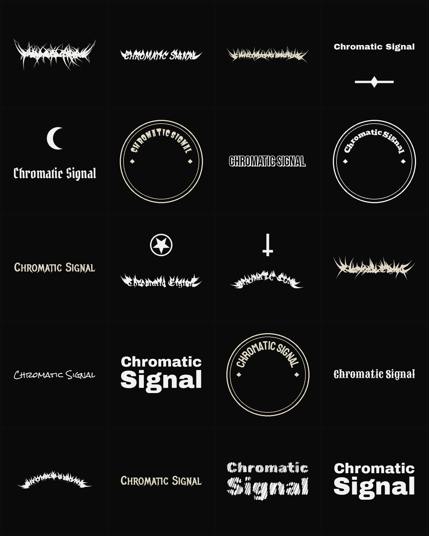 Twenty Chromatic Signal band logo ideas — different faces, treatments and spike settings