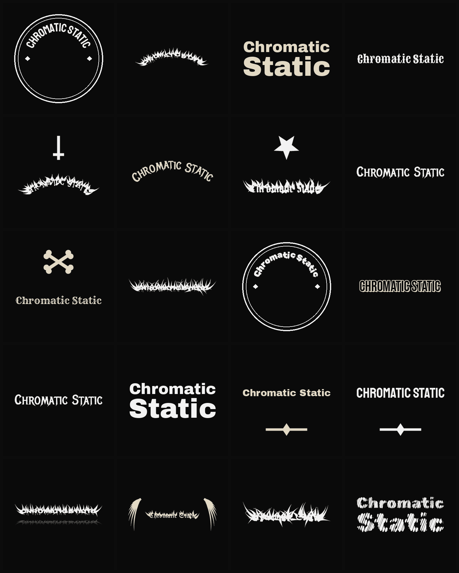 Twenty Chromatic Static band logo ideas — different faces, treatments and spike settings