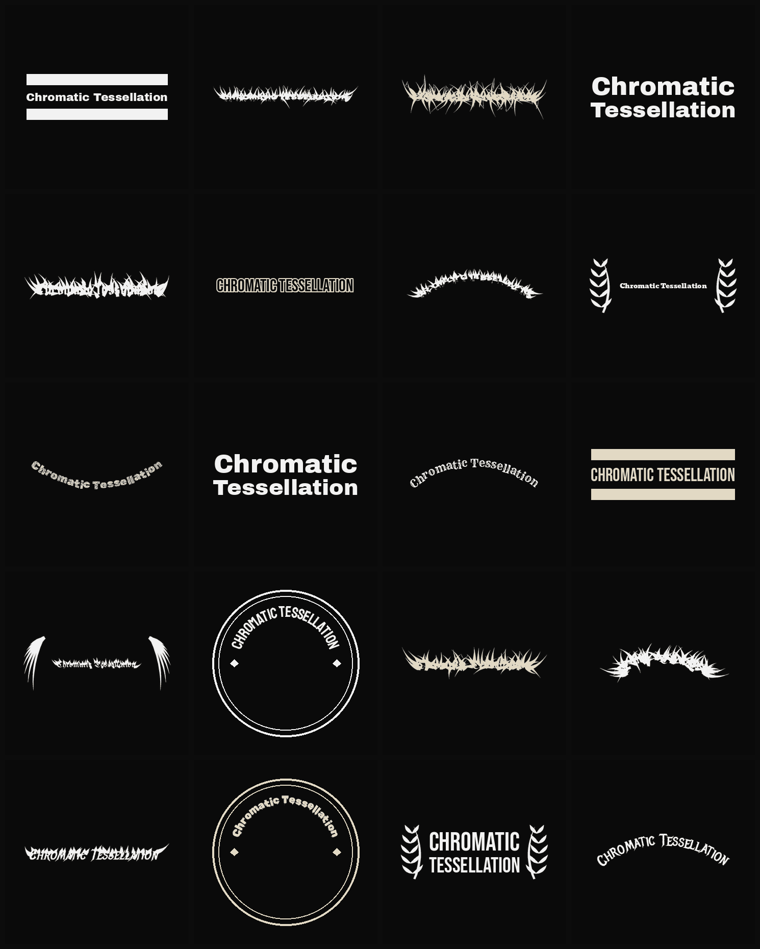 Twenty Chromatic Tessellation band logo ideas — different faces, treatments and spike settings
