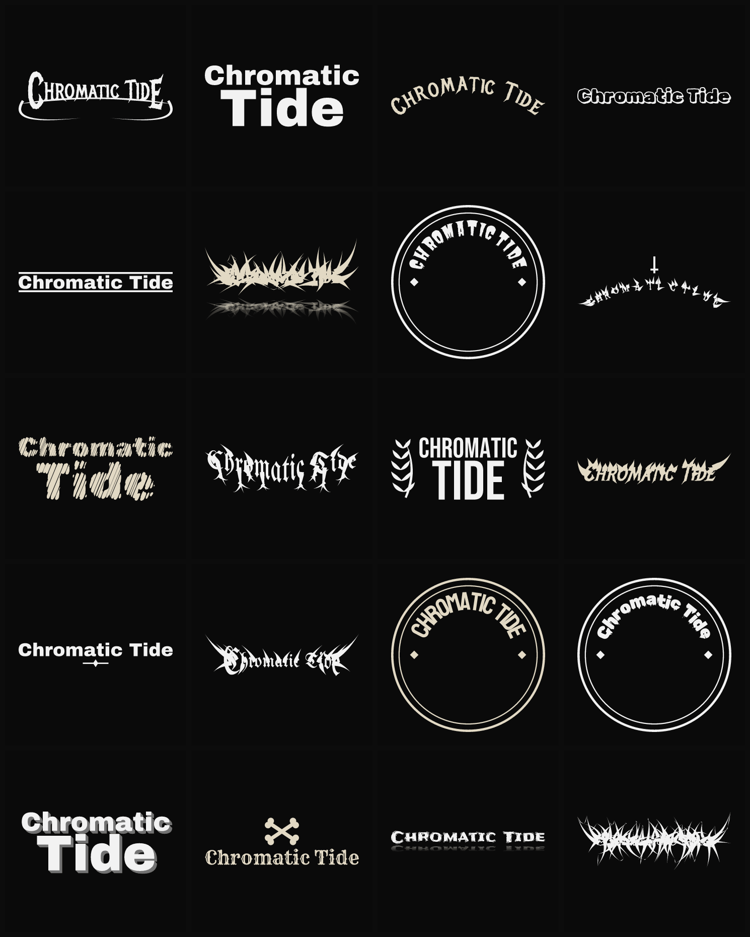 Twenty Chromatic Tide band logo ideas — different faces, treatments and spike settings