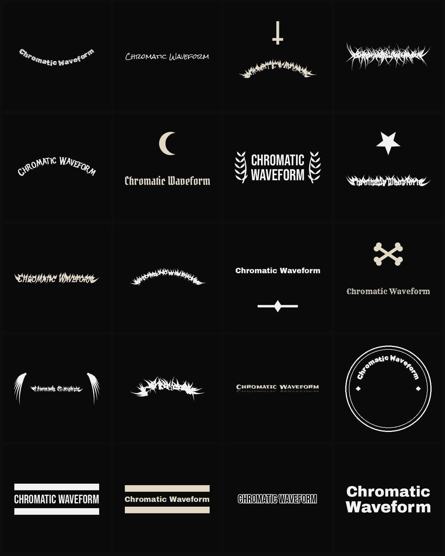 Twenty Chromatic Waveform band logo ideas — different faces, treatments and spike settings