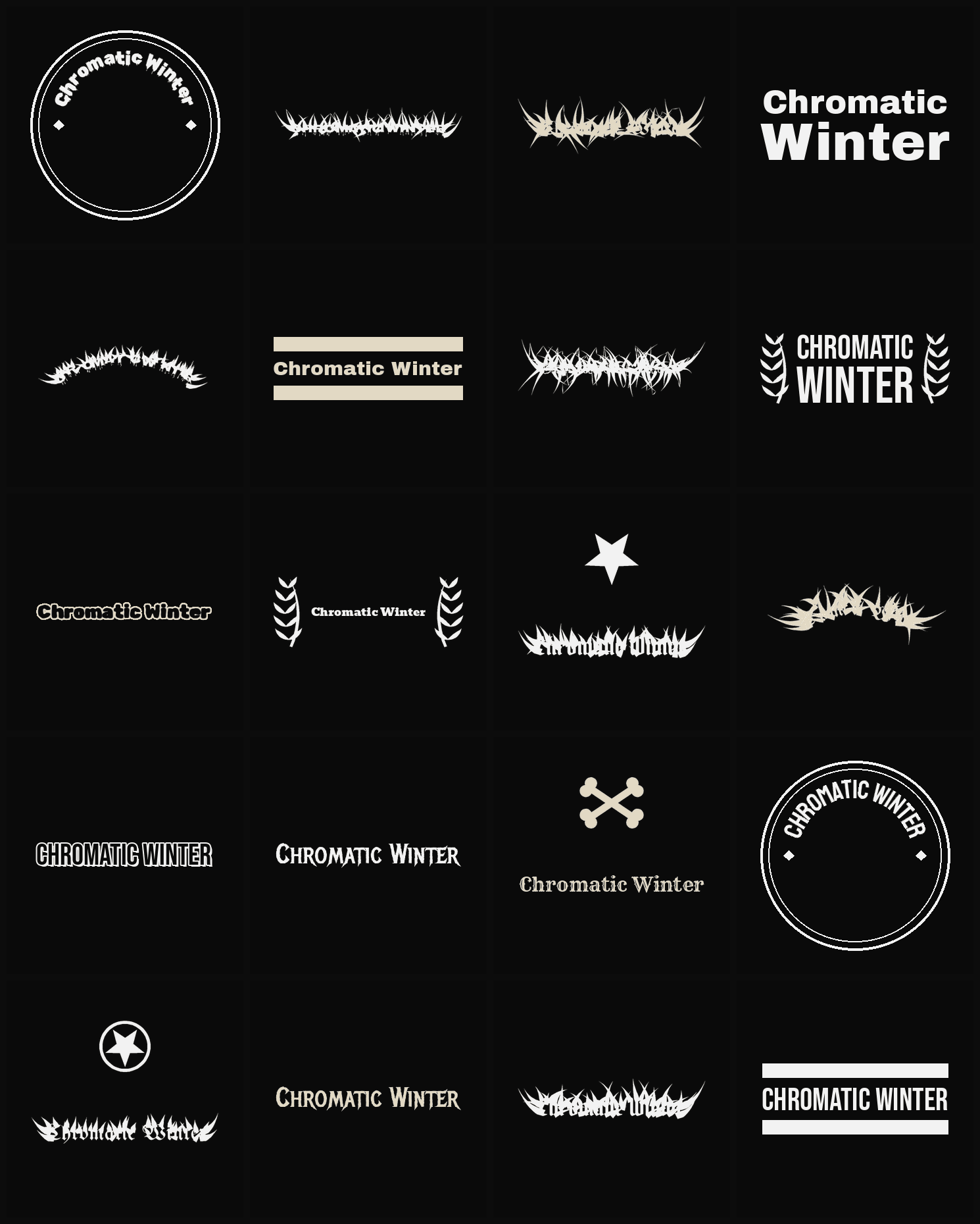 Twenty Chromatic Winter band logo ideas — different faces, treatments and spike settings