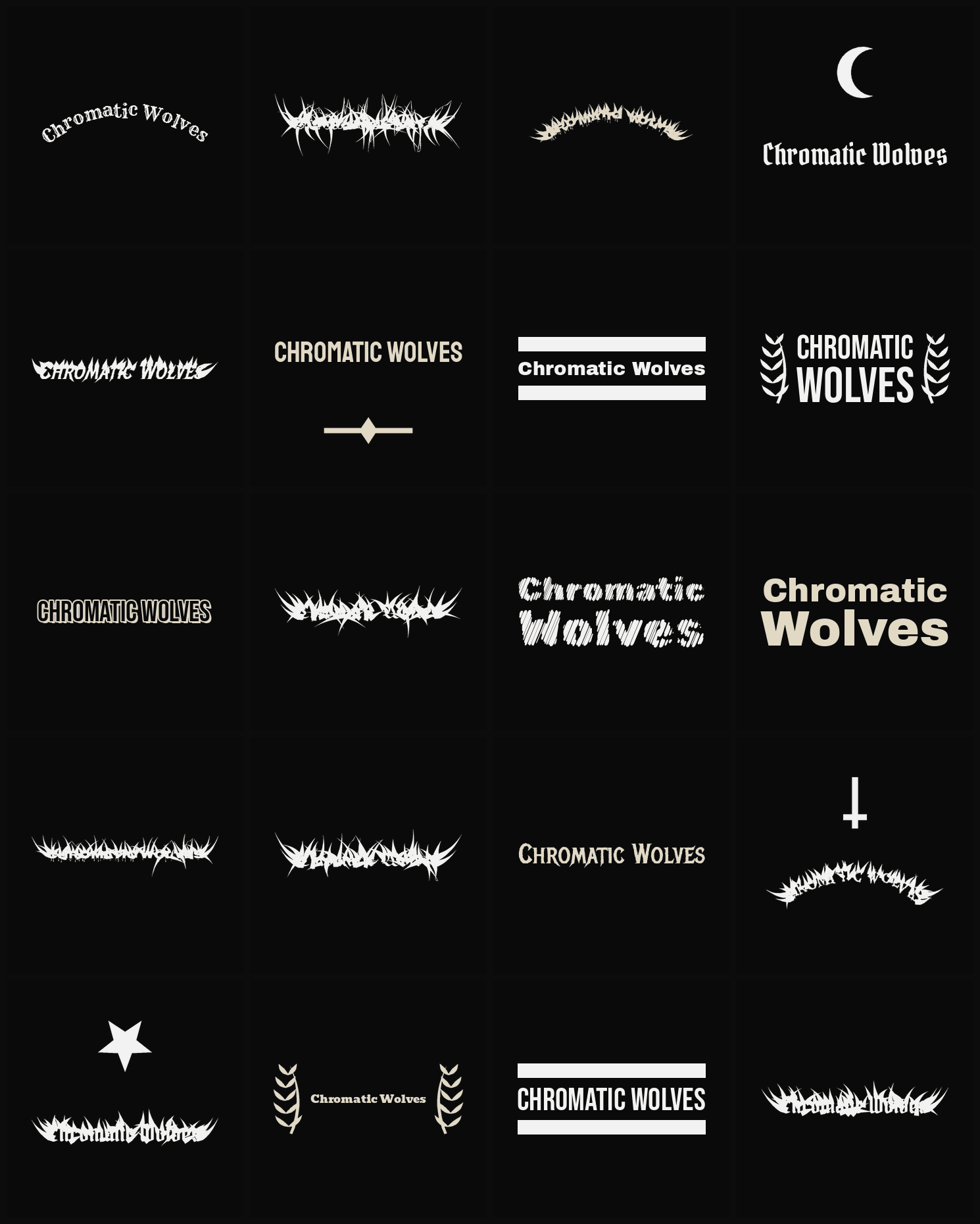 Twenty Chromatic Wolves band logo ideas — different faces, treatments and spike settings
