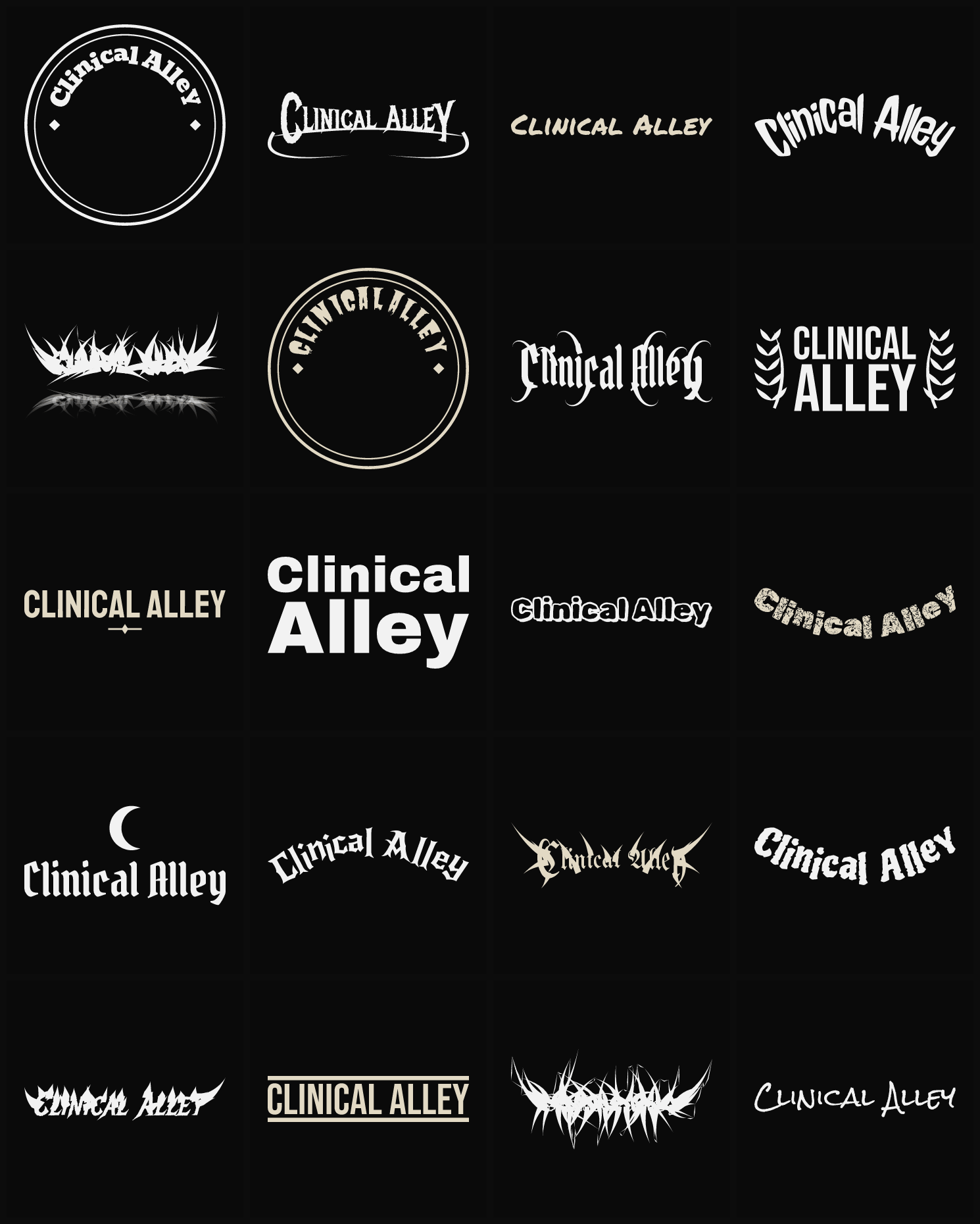 Twenty Clinical Alley band logo ideas — different faces, treatments and spike settings