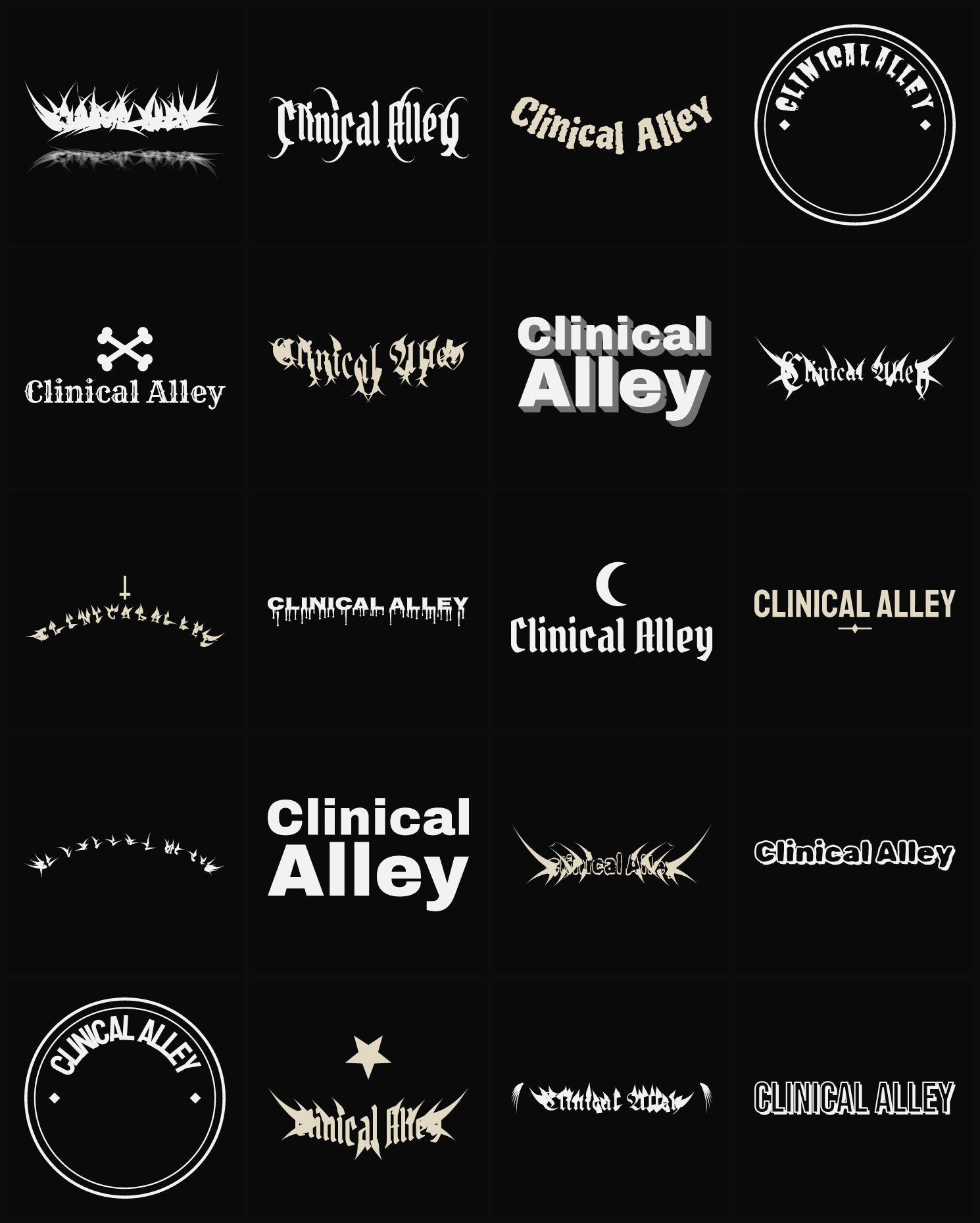Twenty Clinical Alley band logo ideas — different faces, treatments and spike settings