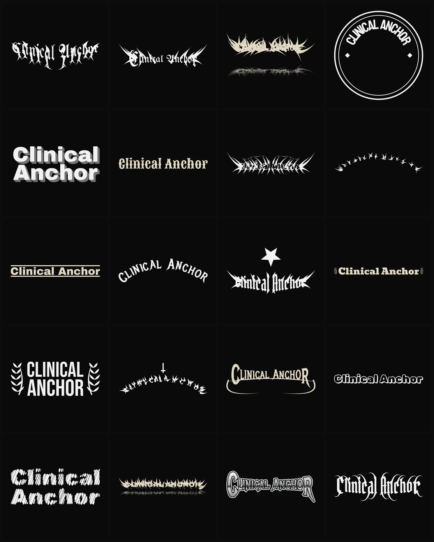 Twenty Clinical Anchor band logo ideas — different faces, treatments and spike settings
