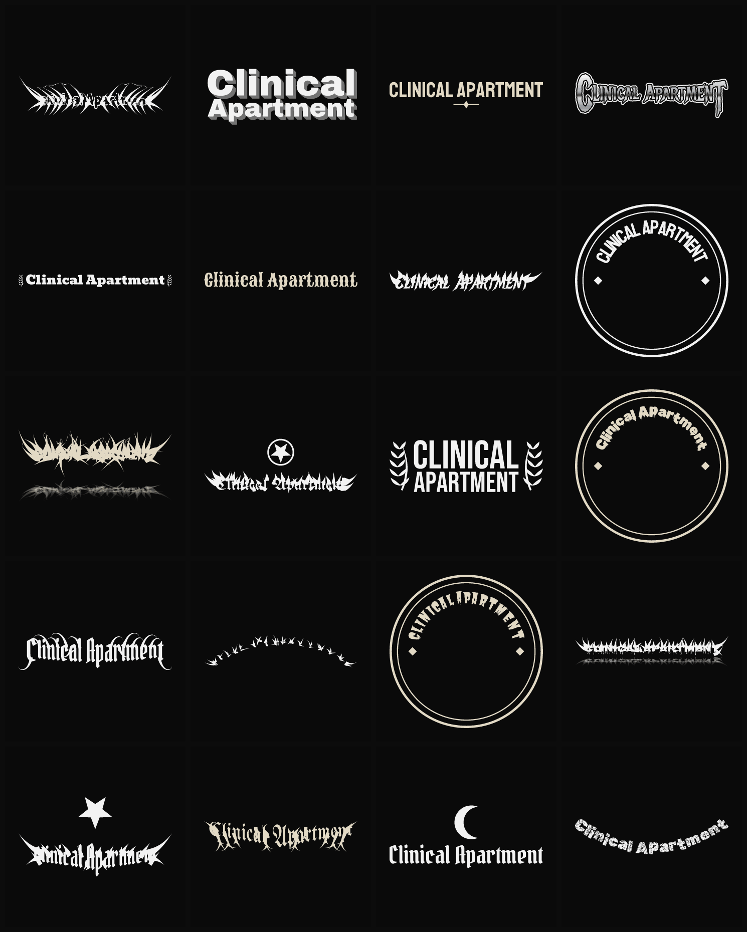 Twenty Clinical Apartment band logo ideas — different faces, treatments and spike settings