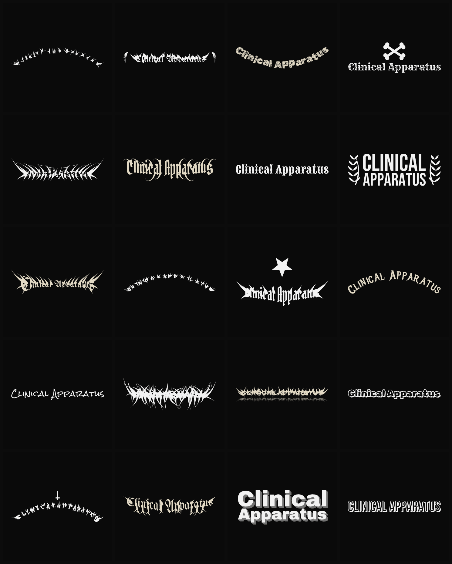 Twenty Clinical Apparatus band logo ideas — different faces, treatments and spike settings