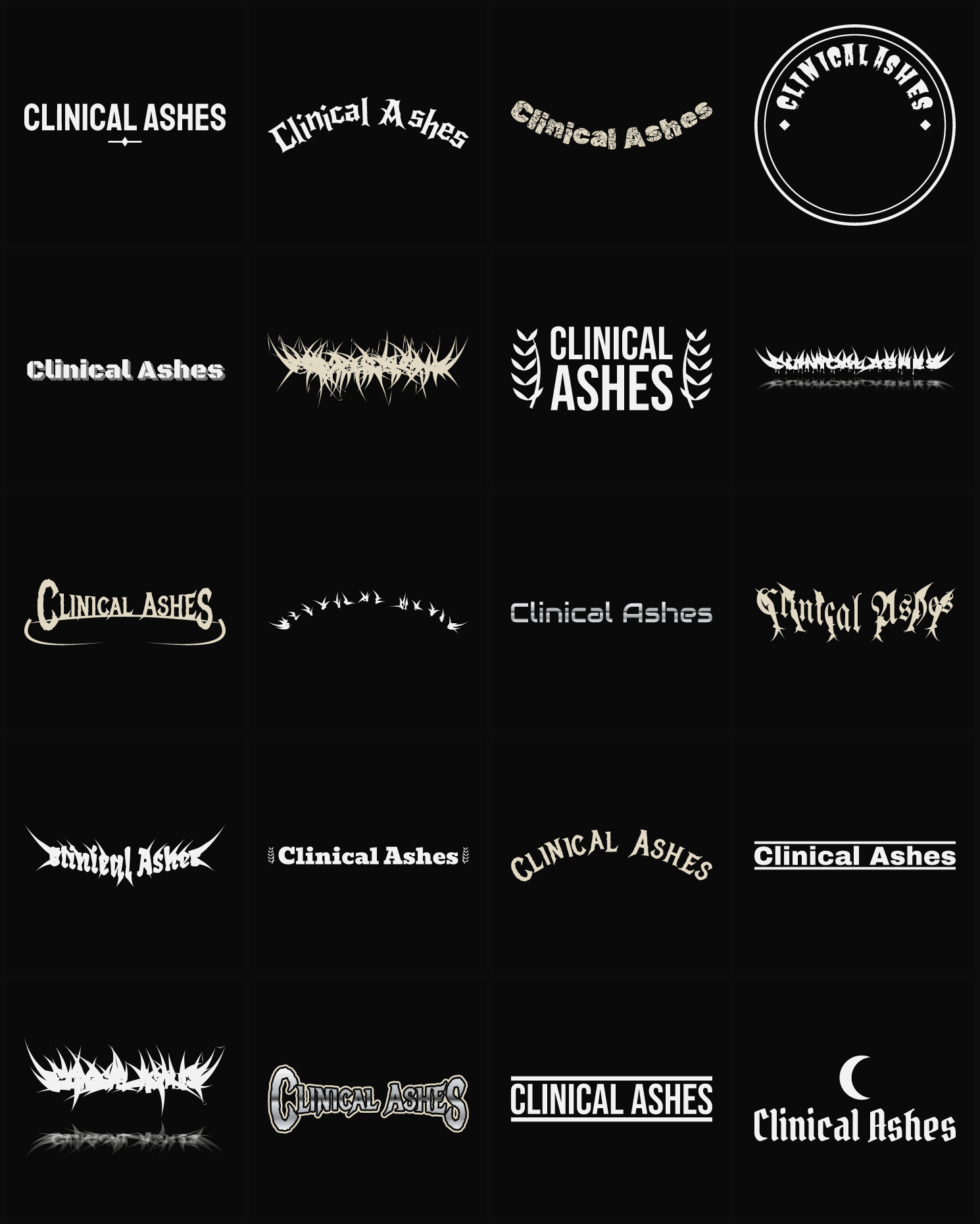 Twenty Clinical Ashes band logo ideas — different faces, treatments and spike settings