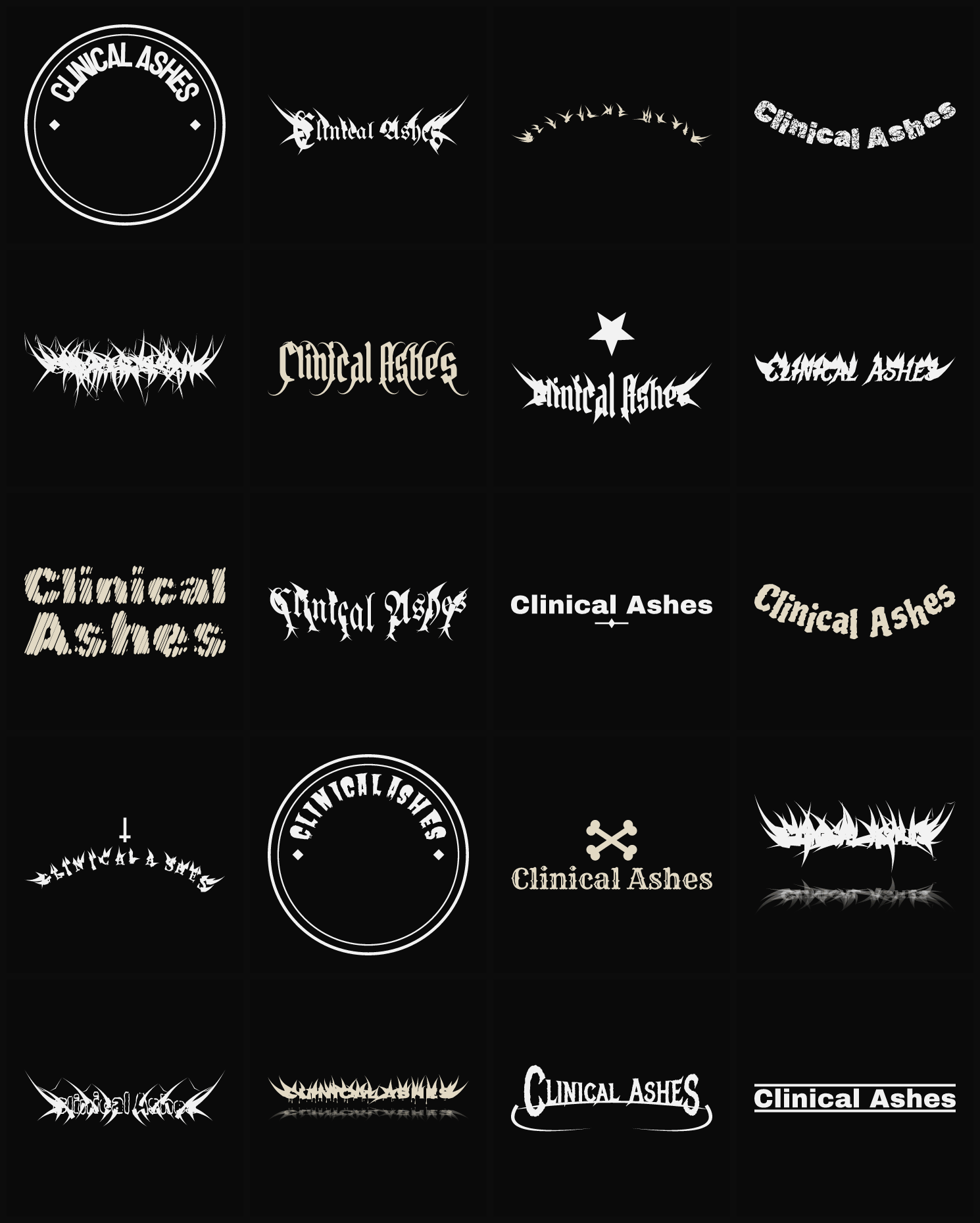 Twenty Clinical Ashes band logo ideas — different faces, treatments and spike settings
