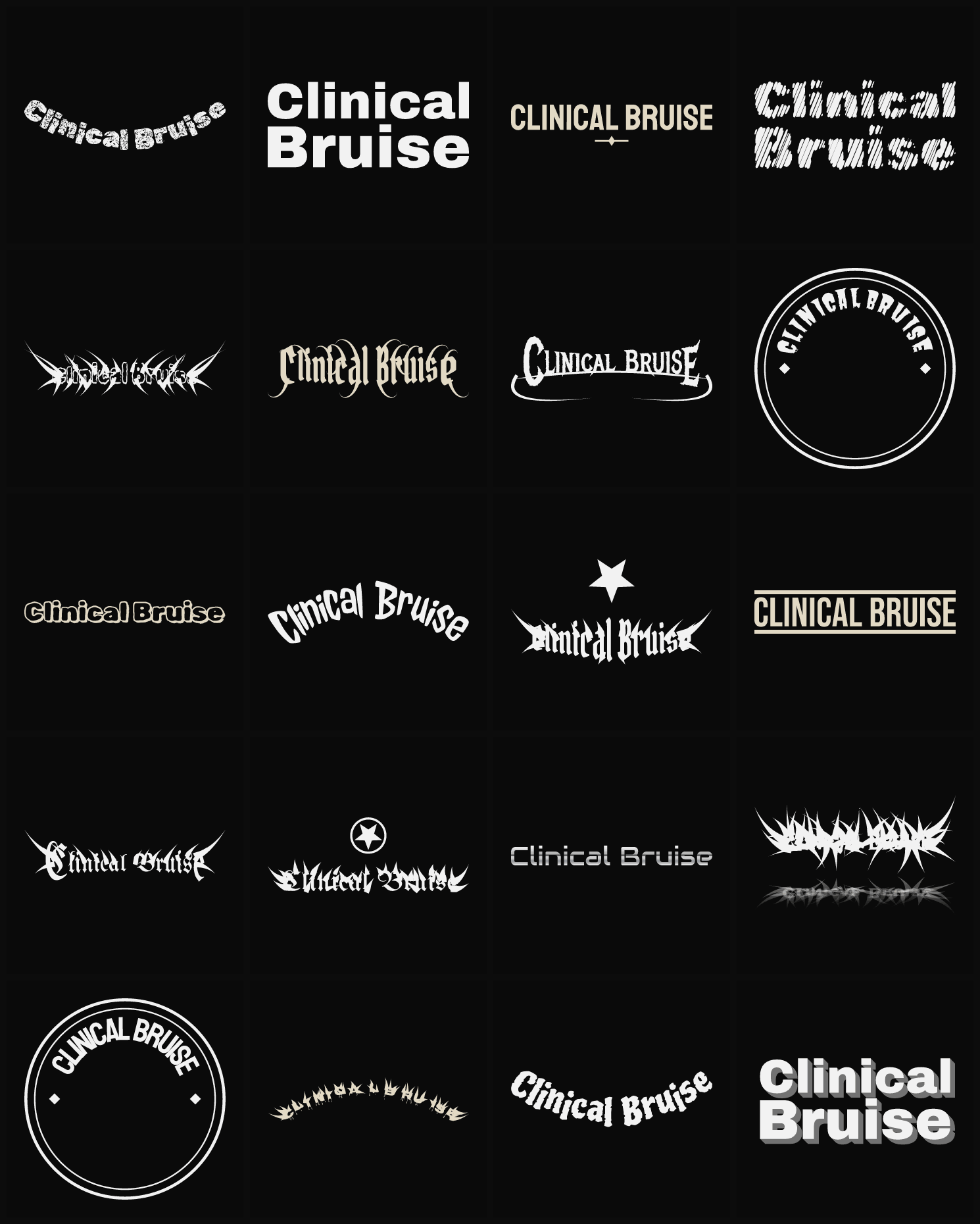 Twenty Clinical Bruise band logo ideas — different faces, treatments and spike settings