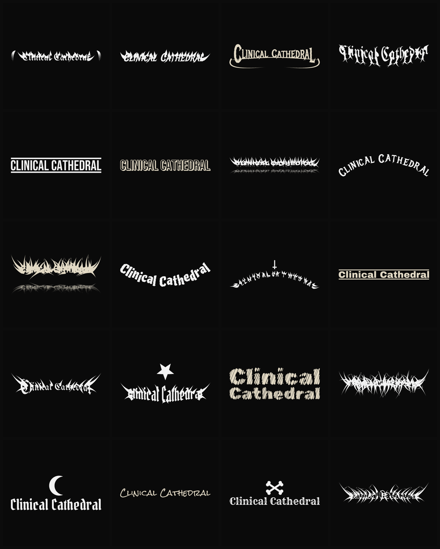 Twenty Clinical Cathedral band logo ideas — different faces, treatments and spike settings