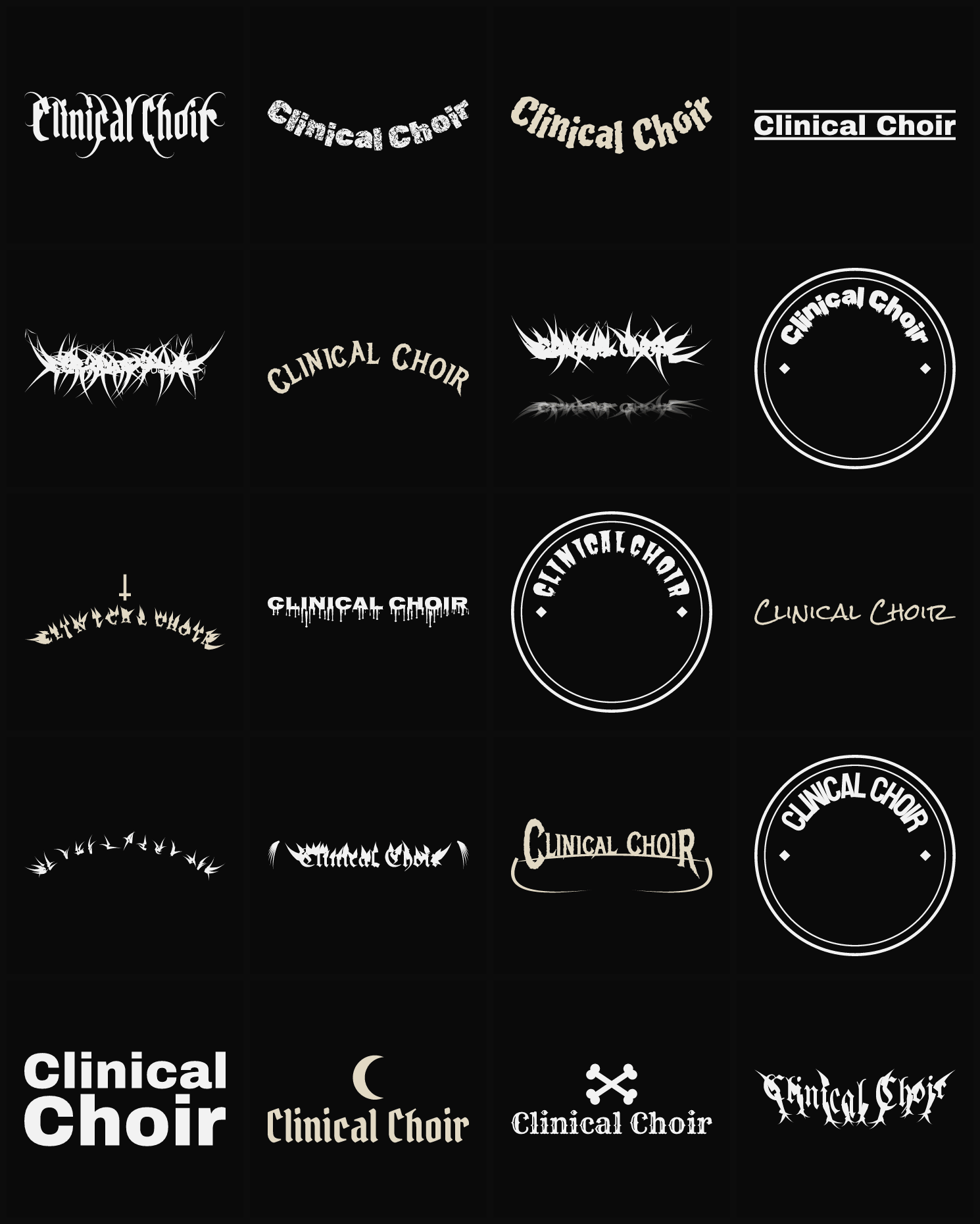 Twenty Clinical Choir band logo ideas — different faces, treatments and spike settings
