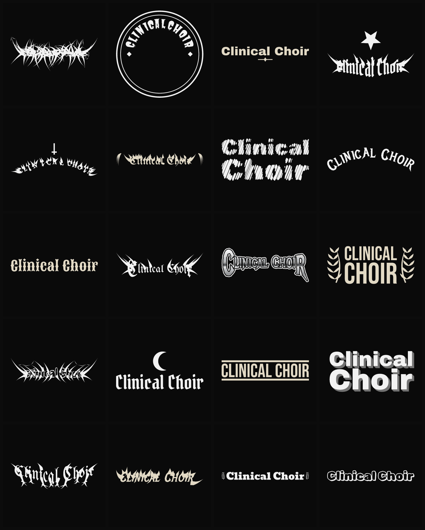 Twenty Clinical Choir band logo ideas — different faces, treatments and spike settings