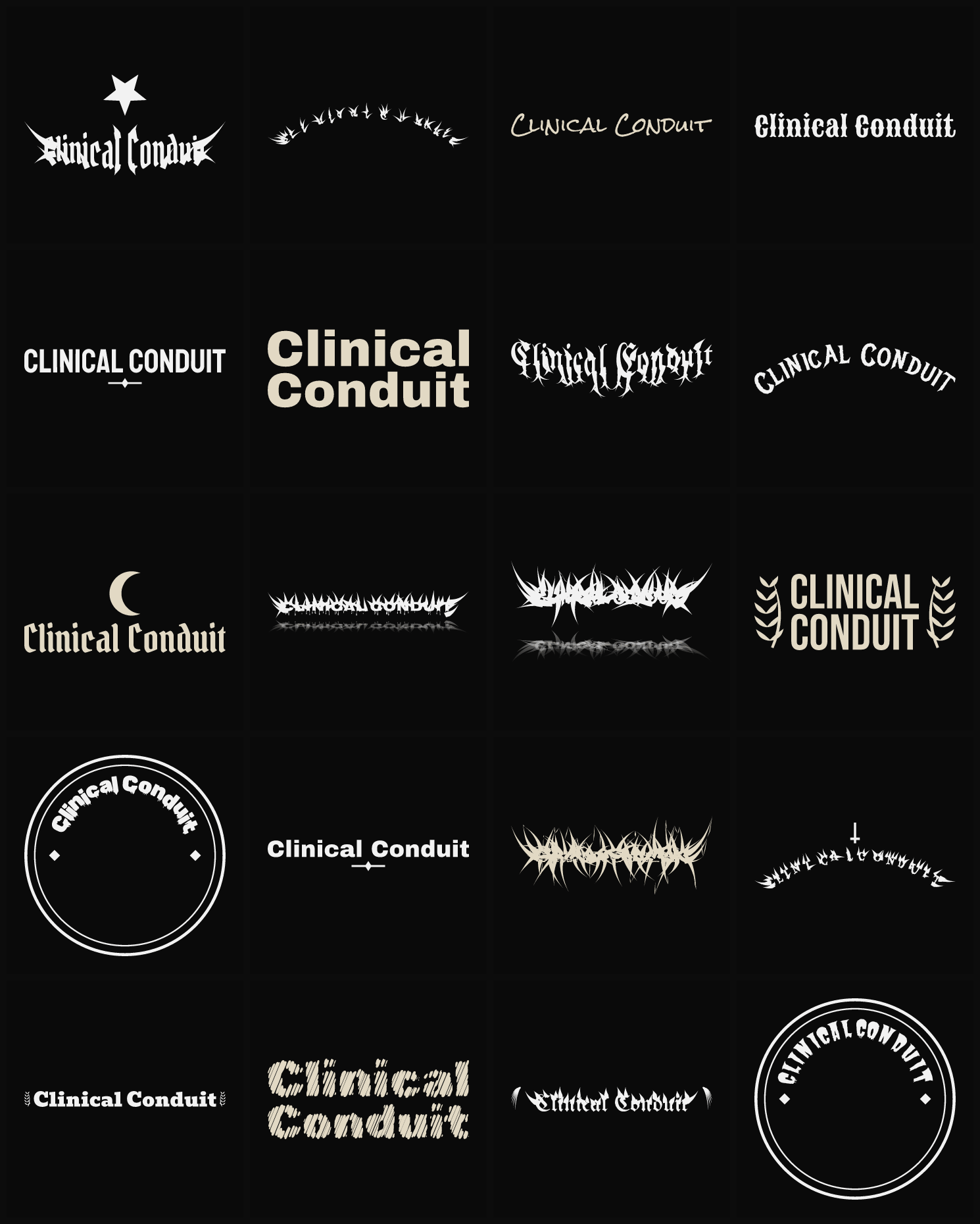Twenty Clinical Conduit band logo ideas — different faces, treatments and spike settings