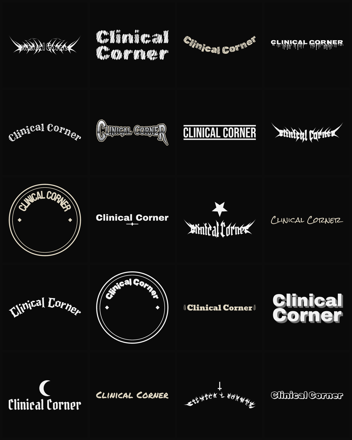 Twenty Clinical Corner band logo ideas — different faces, treatments and spike settings