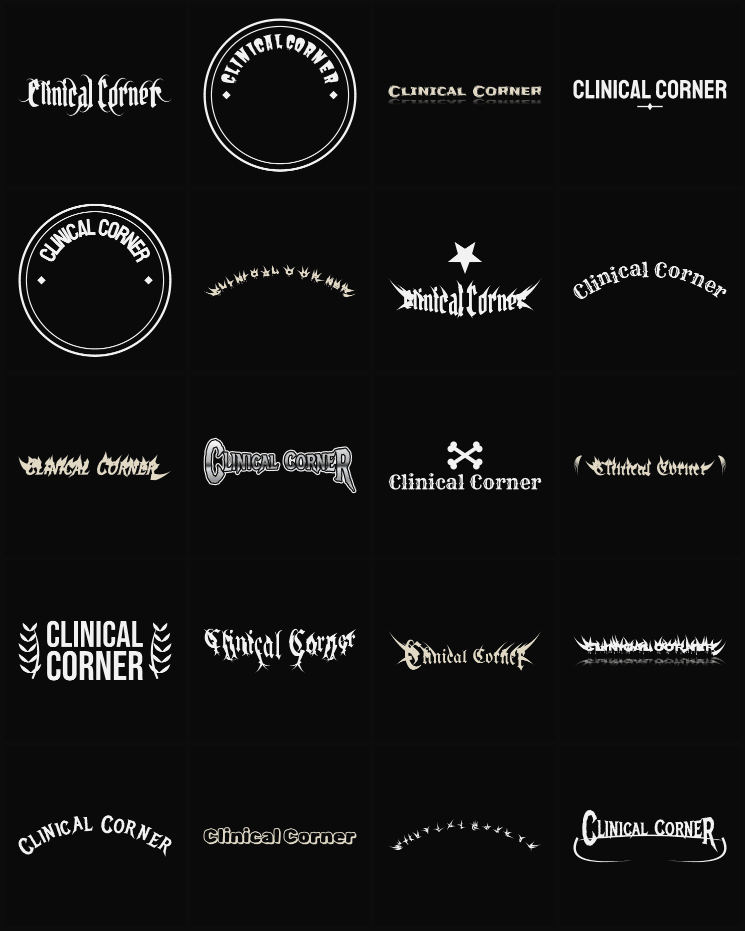 Twenty Clinical Corner band logo ideas — different faces, treatments and spike settings