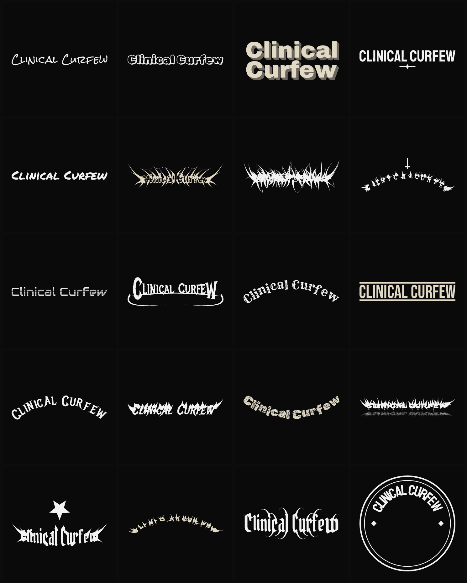Twenty Clinical Curfew band logo ideas — different faces, treatments and spike settings
