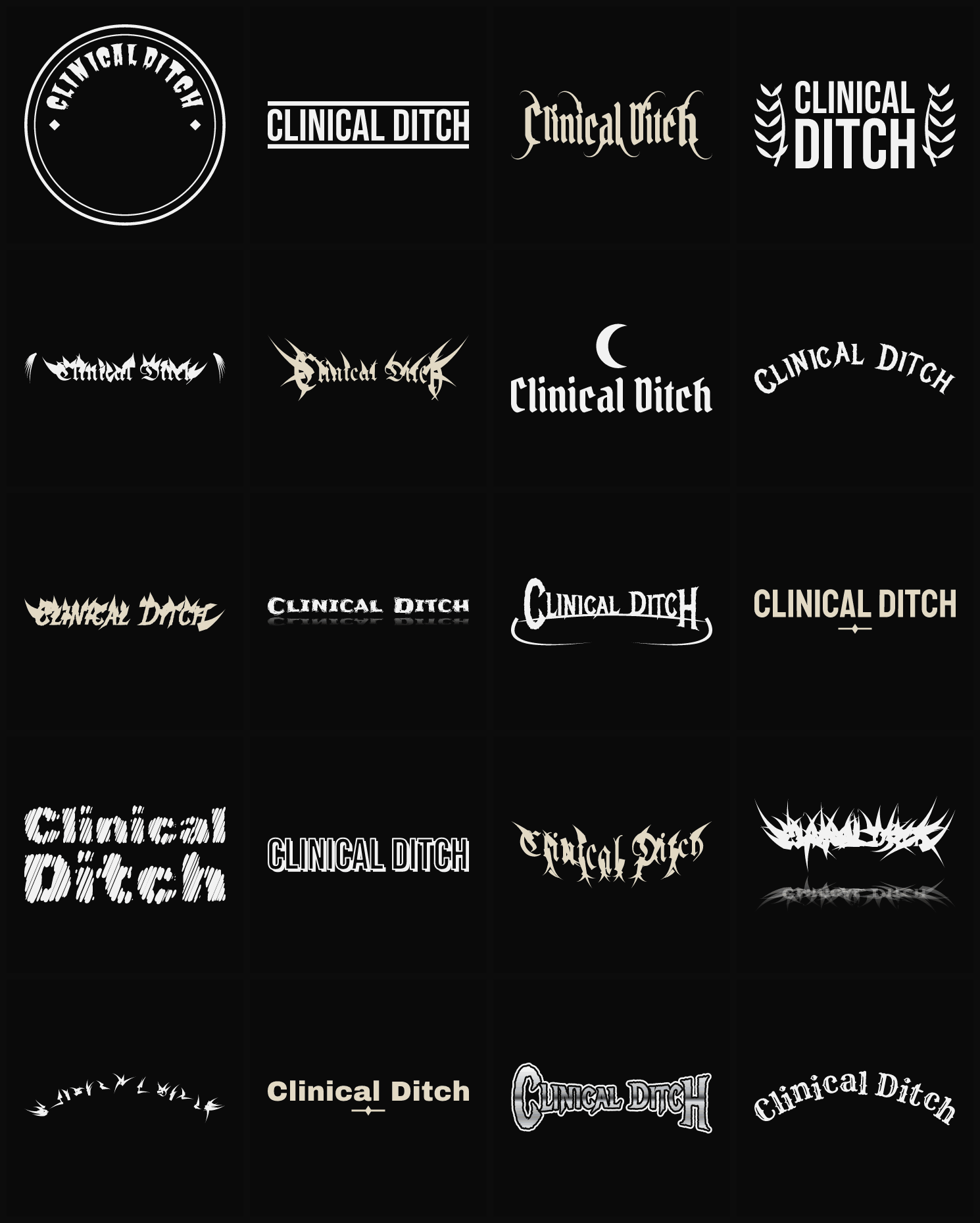 Twenty Clinical Ditch band logo ideas — different faces, treatments and spike settings