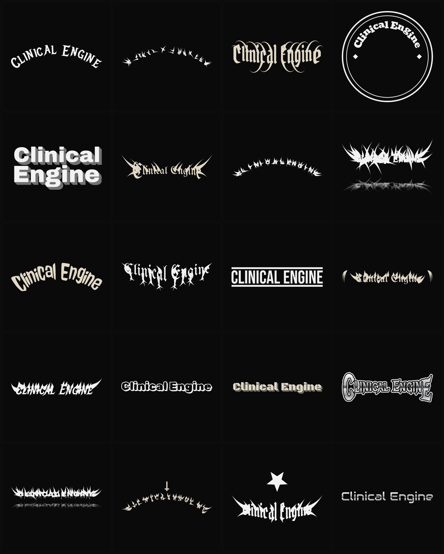 Twenty Clinical Engine band logo ideas — different faces, treatments and spike settings