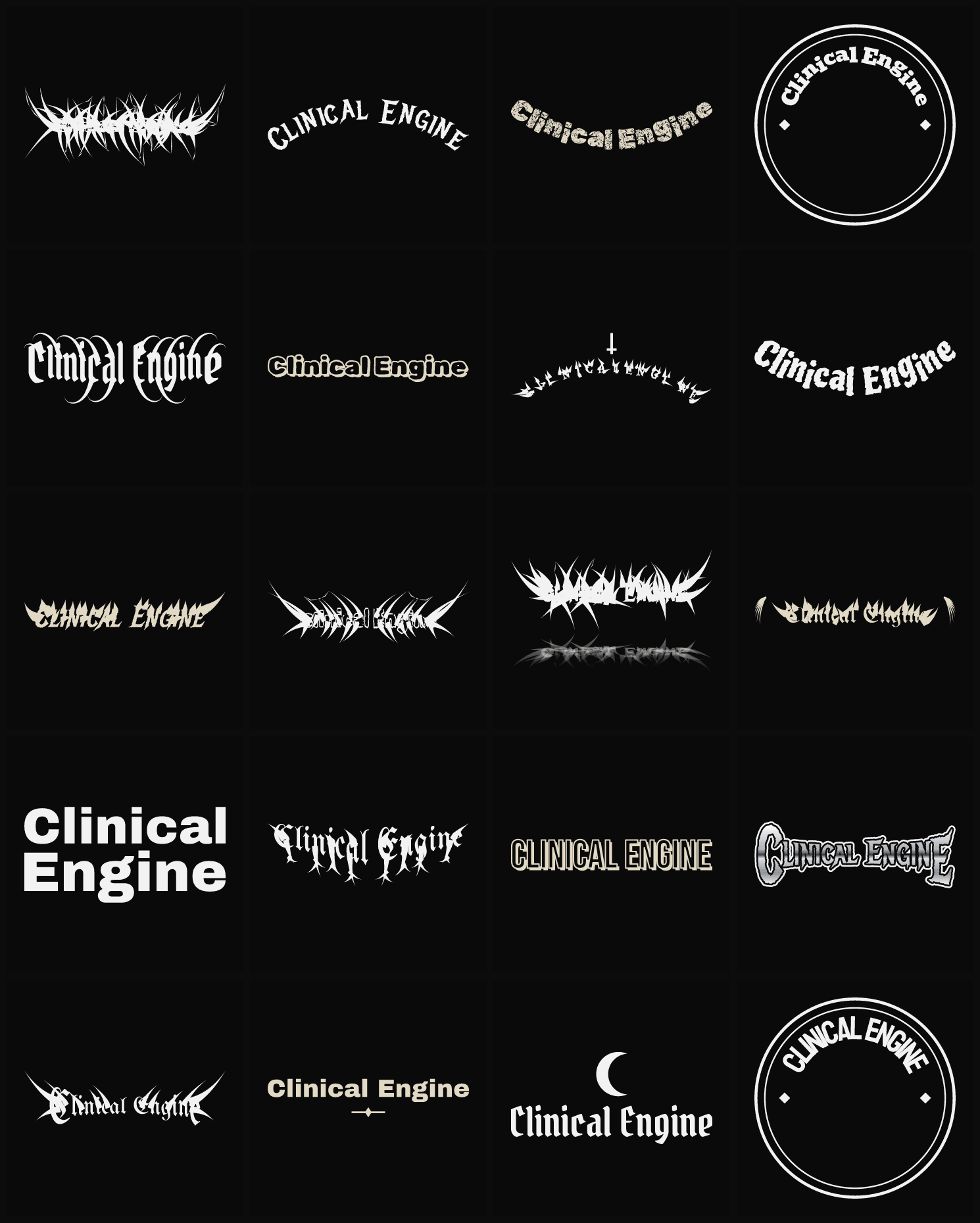 Twenty Clinical Engine band logo ideas — different faces, treatments and spike settings