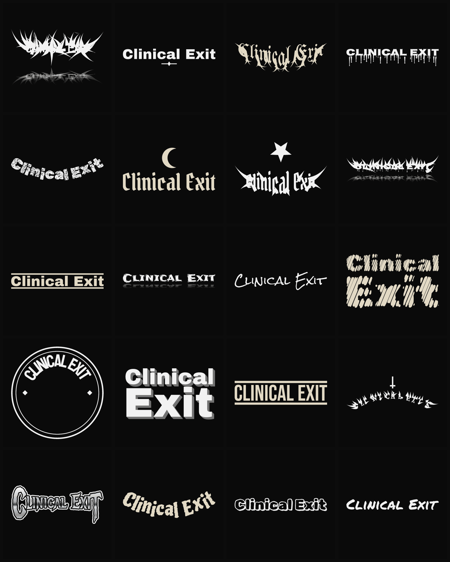 Twenty Clinical Exit band logo ideas — different faces, treatments and spike settings