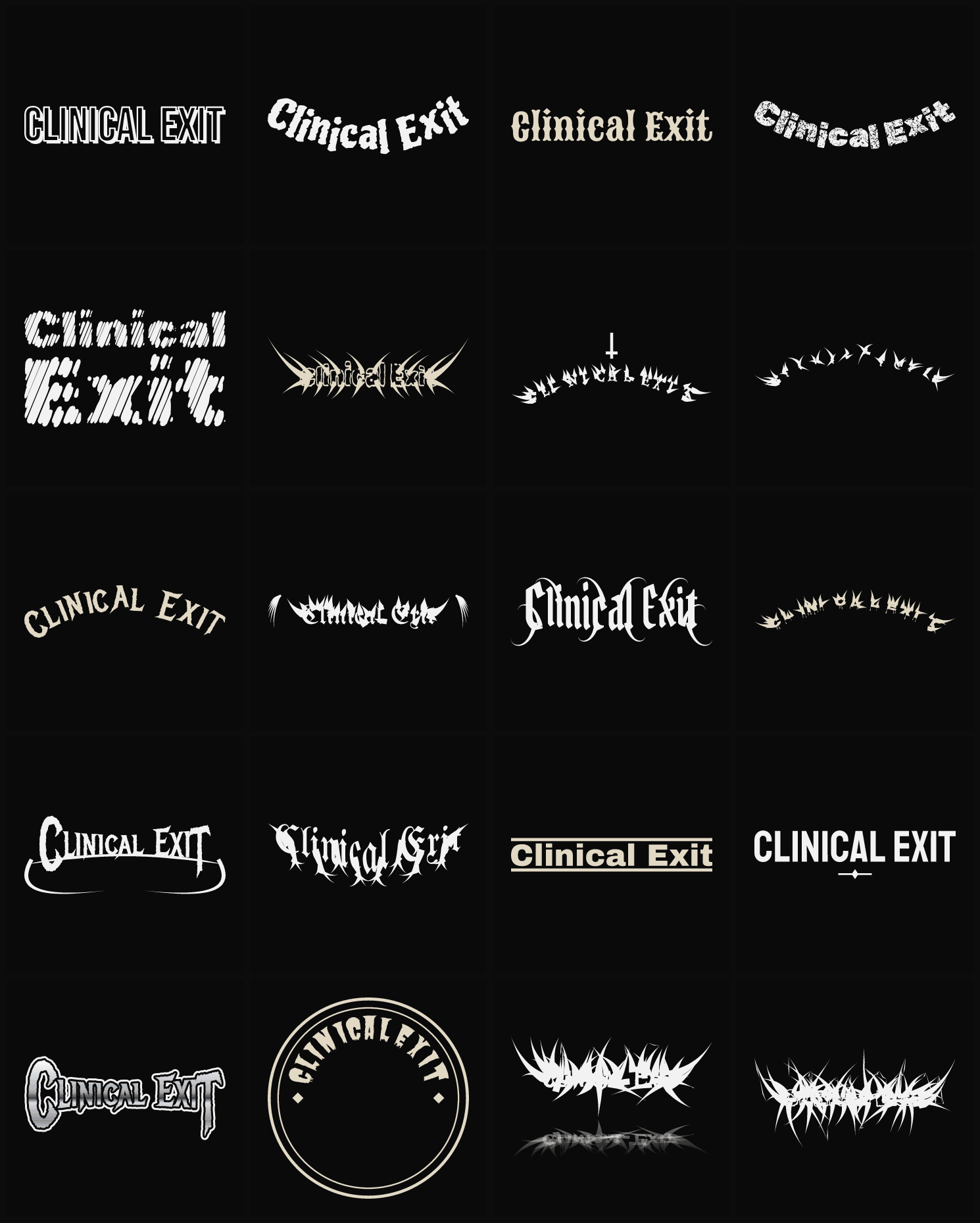 Twenty Clinical Exit band logo ideas — different faces, treatments and spike settings