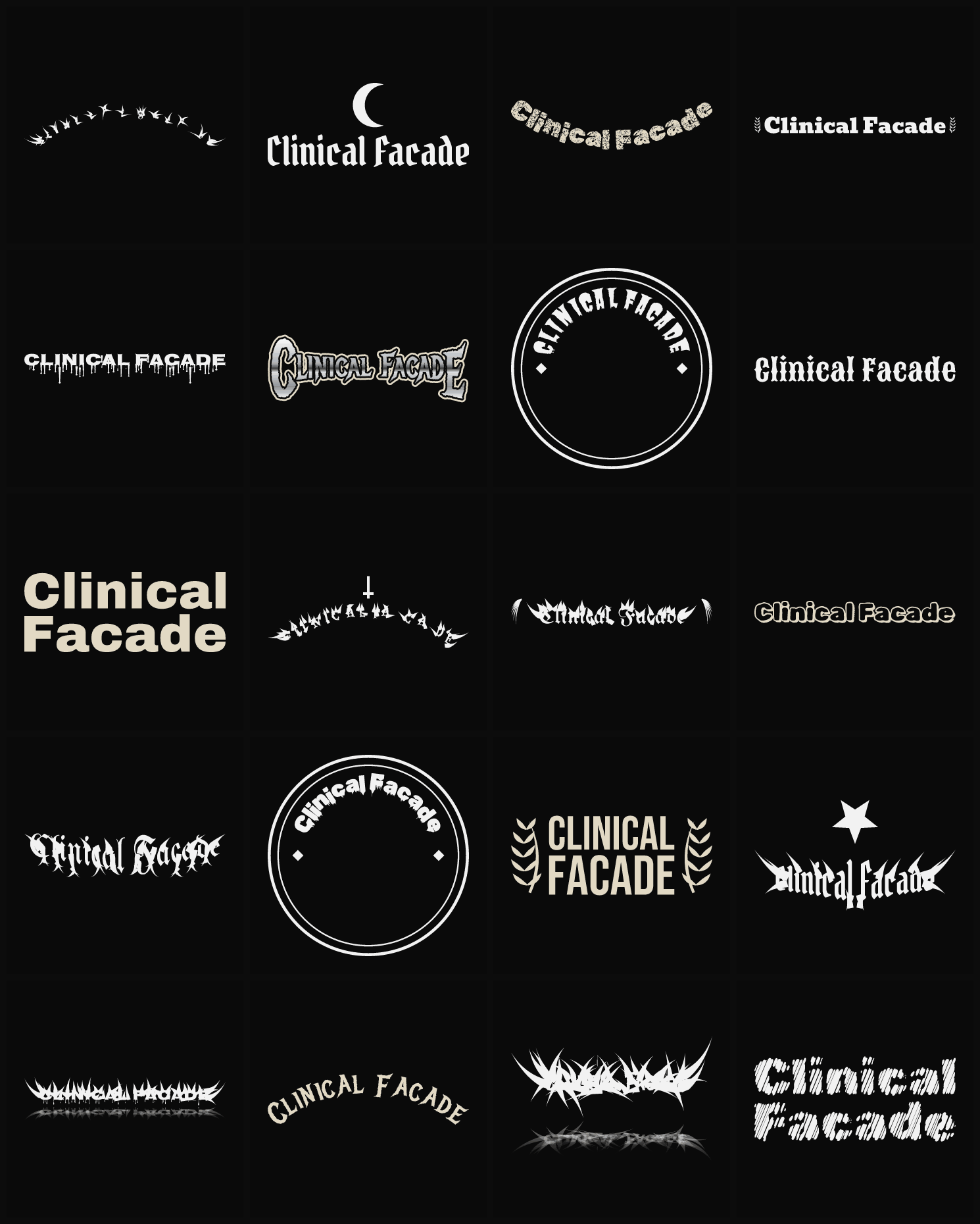 Twenty Clinical Facade band logo ideas — different faces, treatments and spike settings