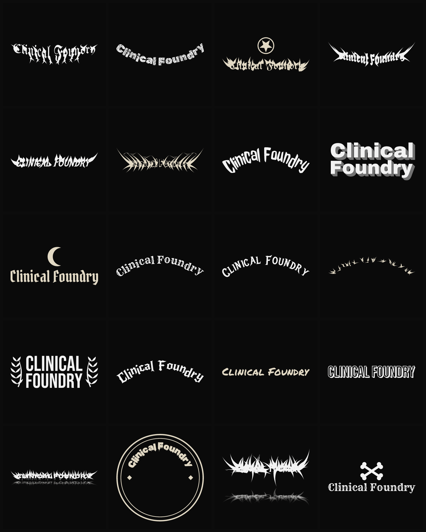 Twenty Clinical Foundry band logo ideas — different faces, treatments and spike settings