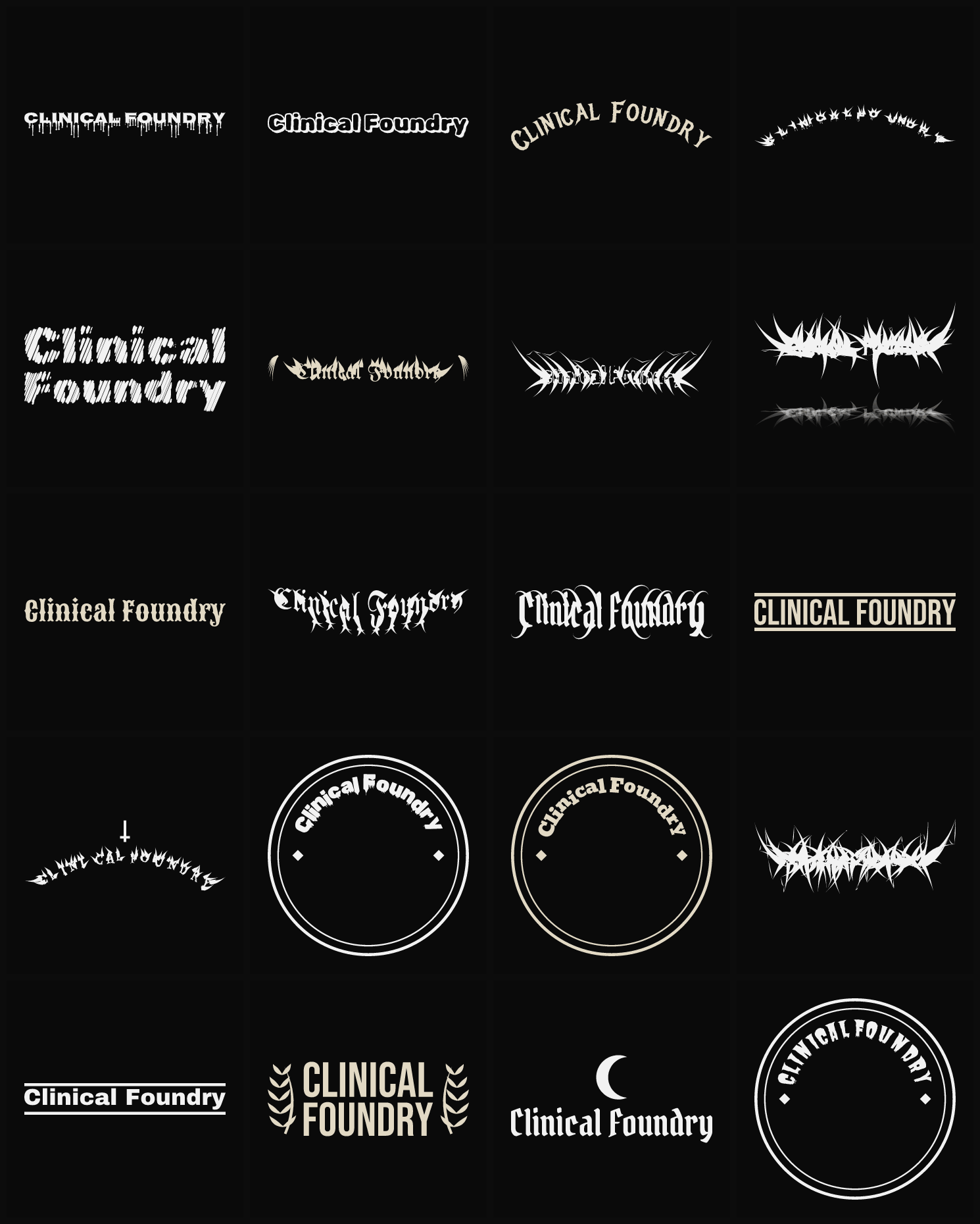 Twenty Clinical Foundry band logo ideas — different faces, treatments and spike settings