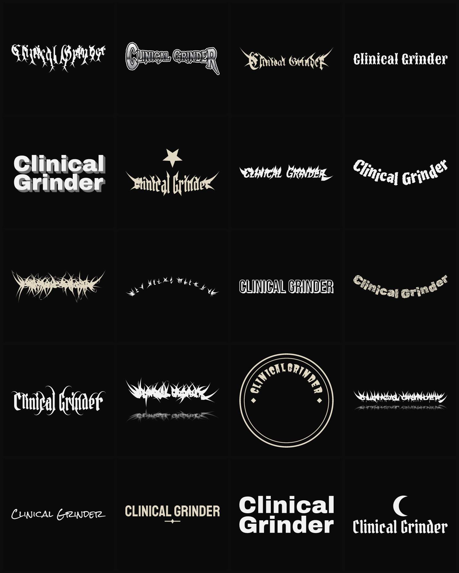 Twenty Clinical Grinder band logo ideas — different faces, treatments and spike settings