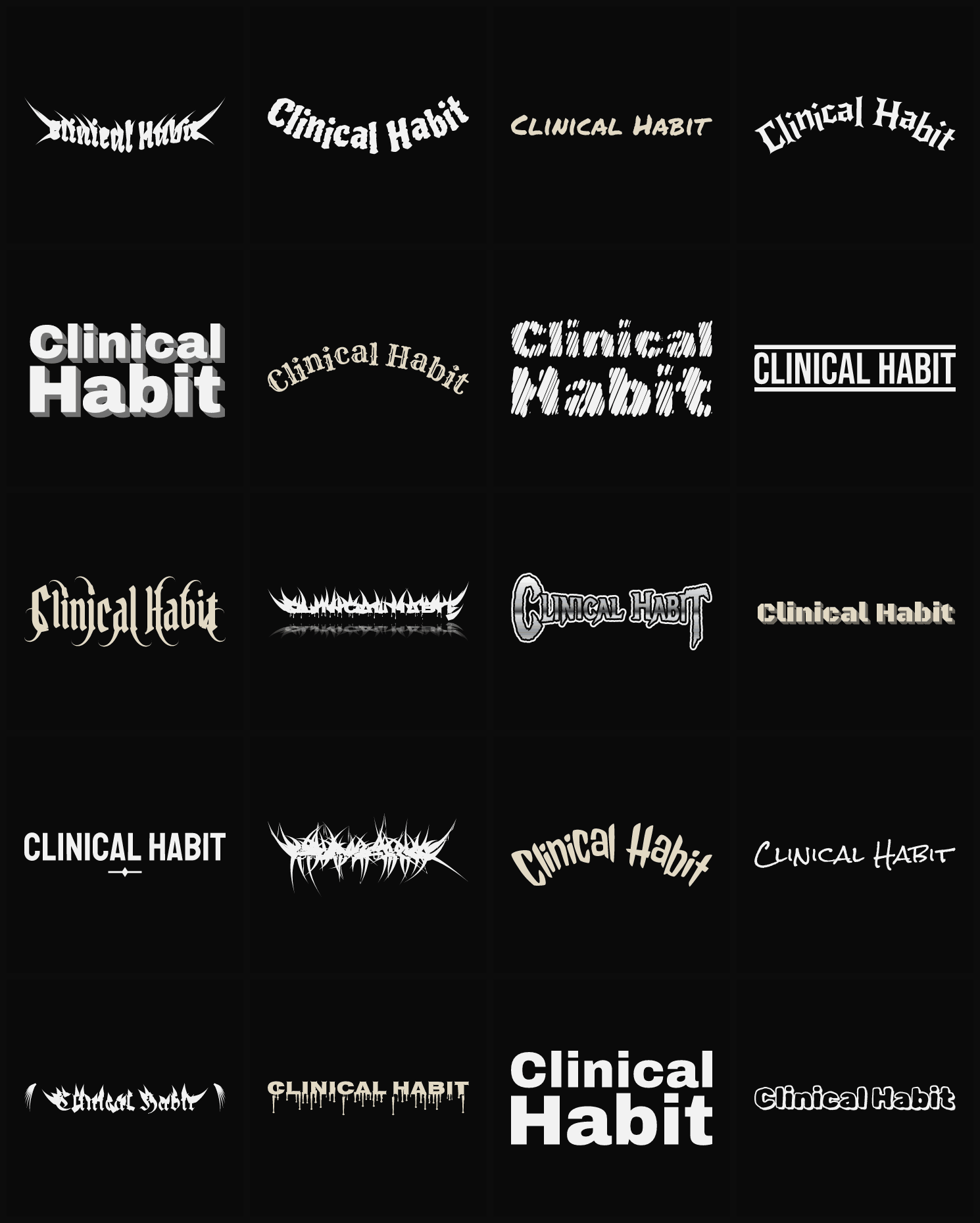 Twenty Clinical Habit band logo ideas — different faces, treatments and spike settings