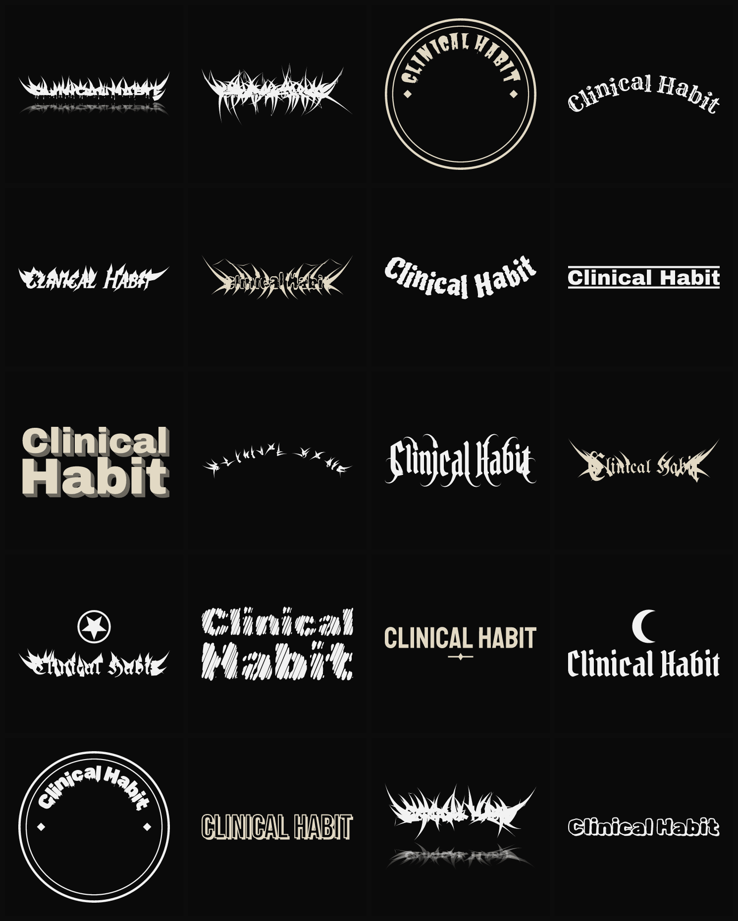 Twenty Clinical Habit band logo ideas — different faces, treatments and spike settings