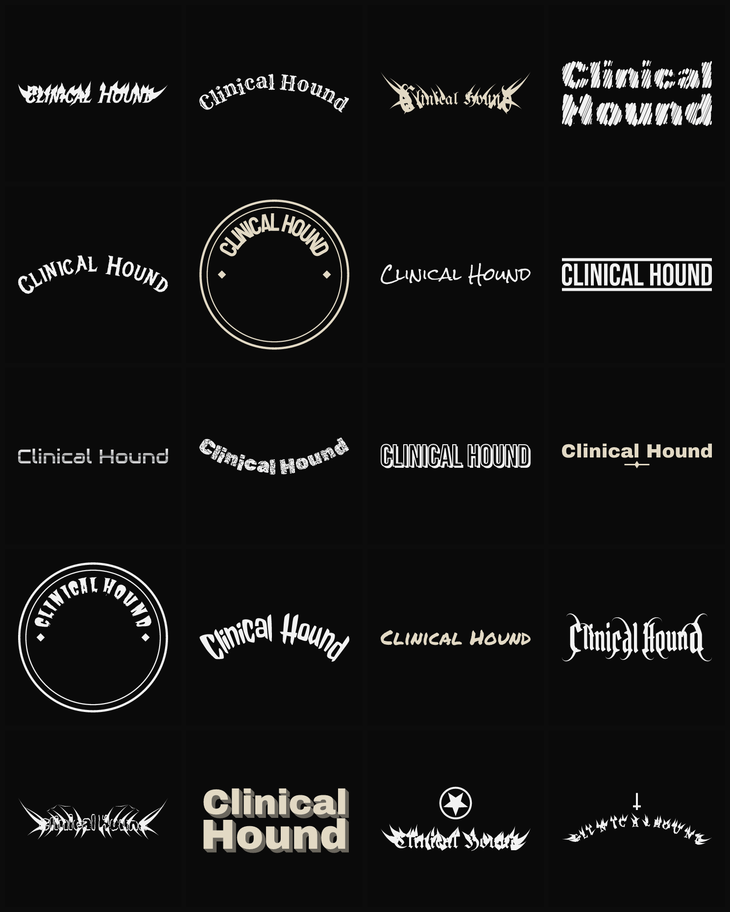 Twenty Clinical Hound band logo ideas — different faces, treatments and spike settings