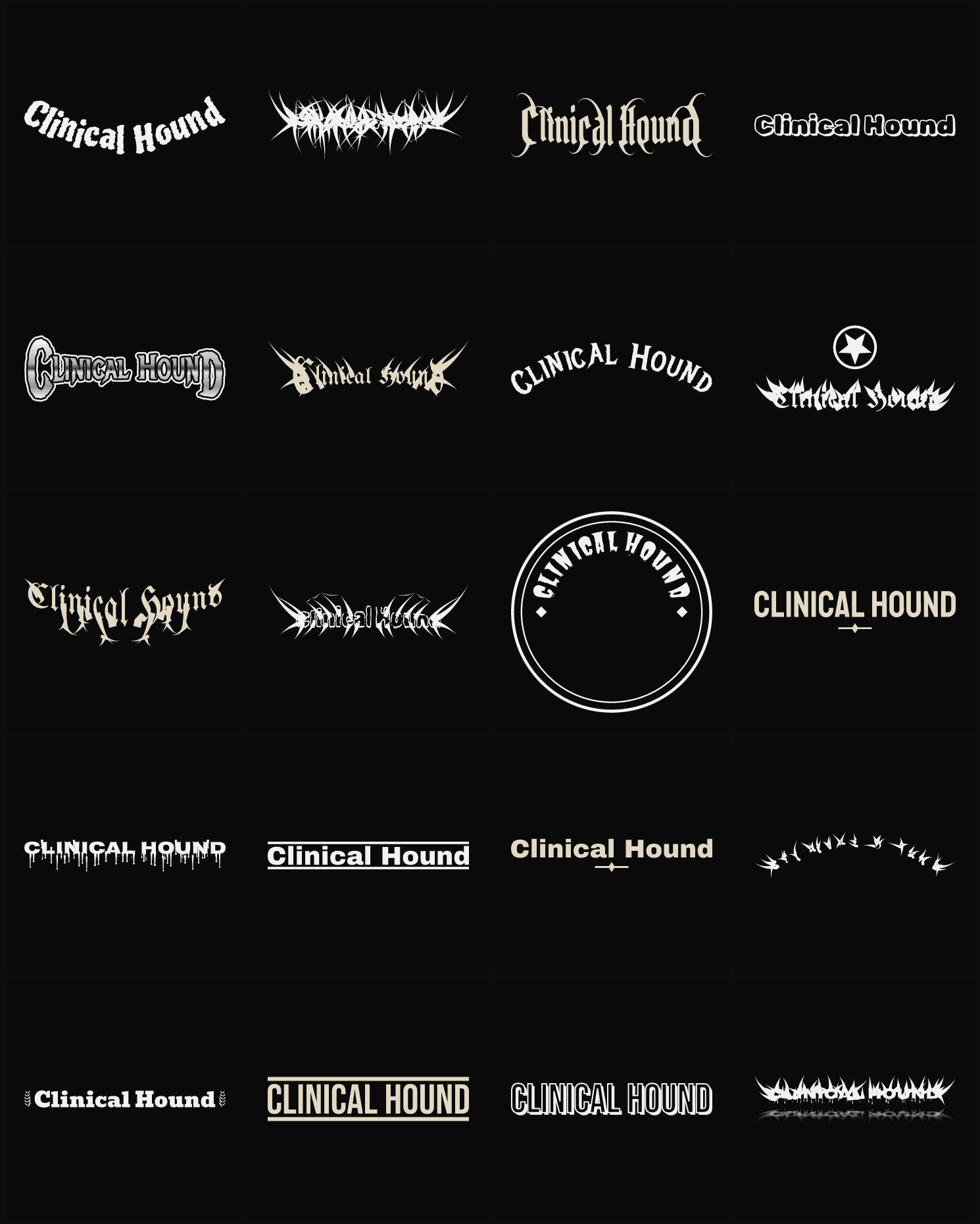 Twenty Clinical Hound band logo ideas — different faces, treatments and spike settings