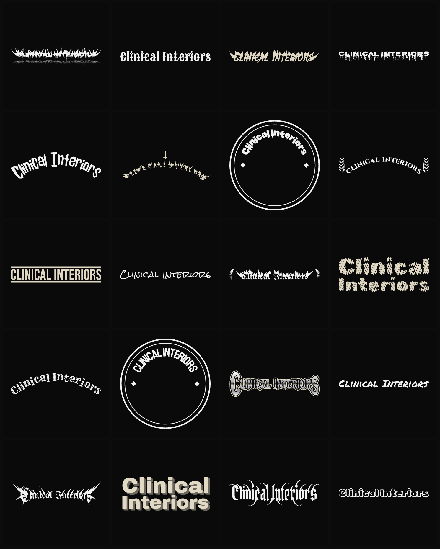 Twenty Clinical Interiors band logo ideas — different faces, treatments and spike settings
