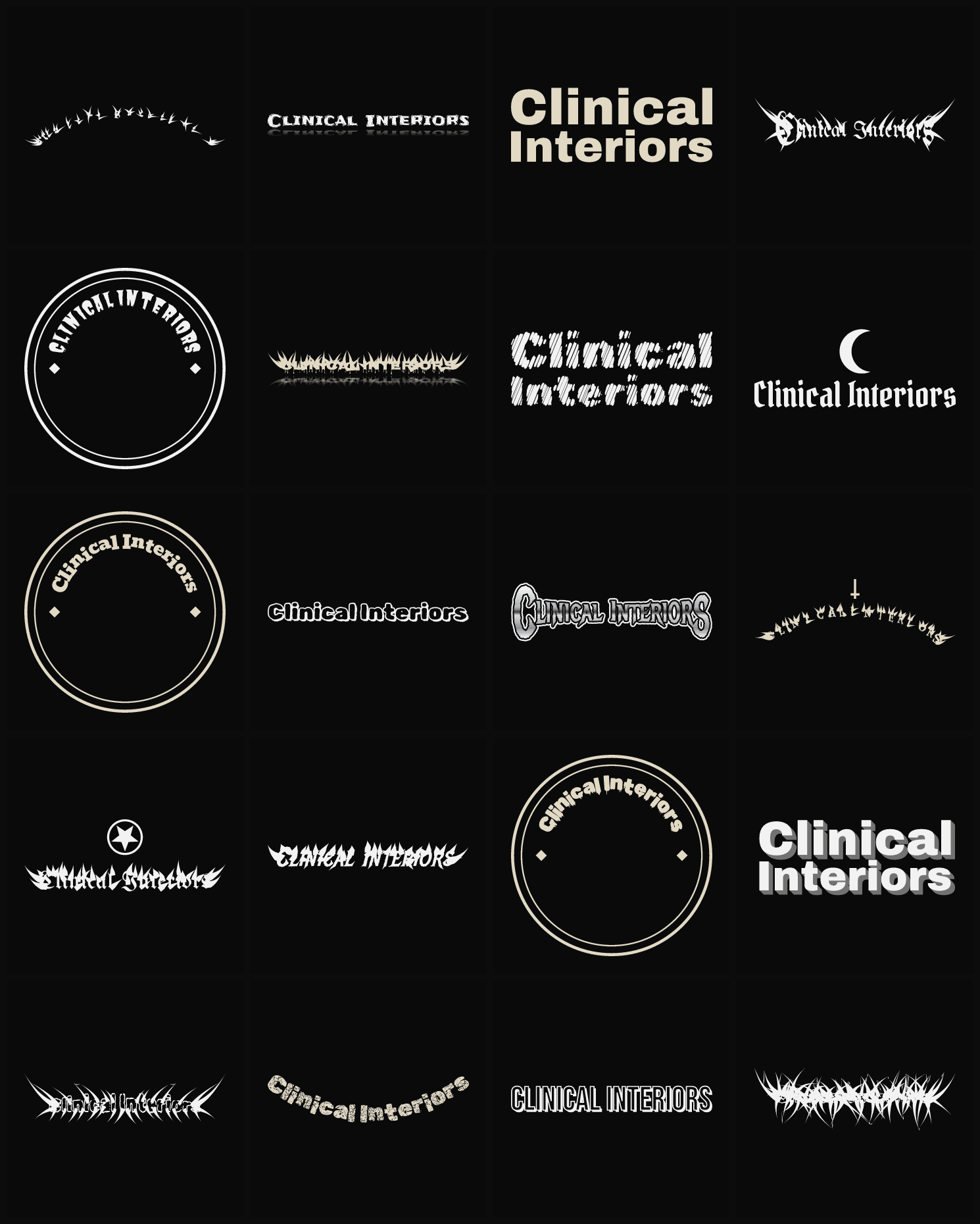 Twenty Clinical Interiors band logo ideas — different faces, treatments and spike settings