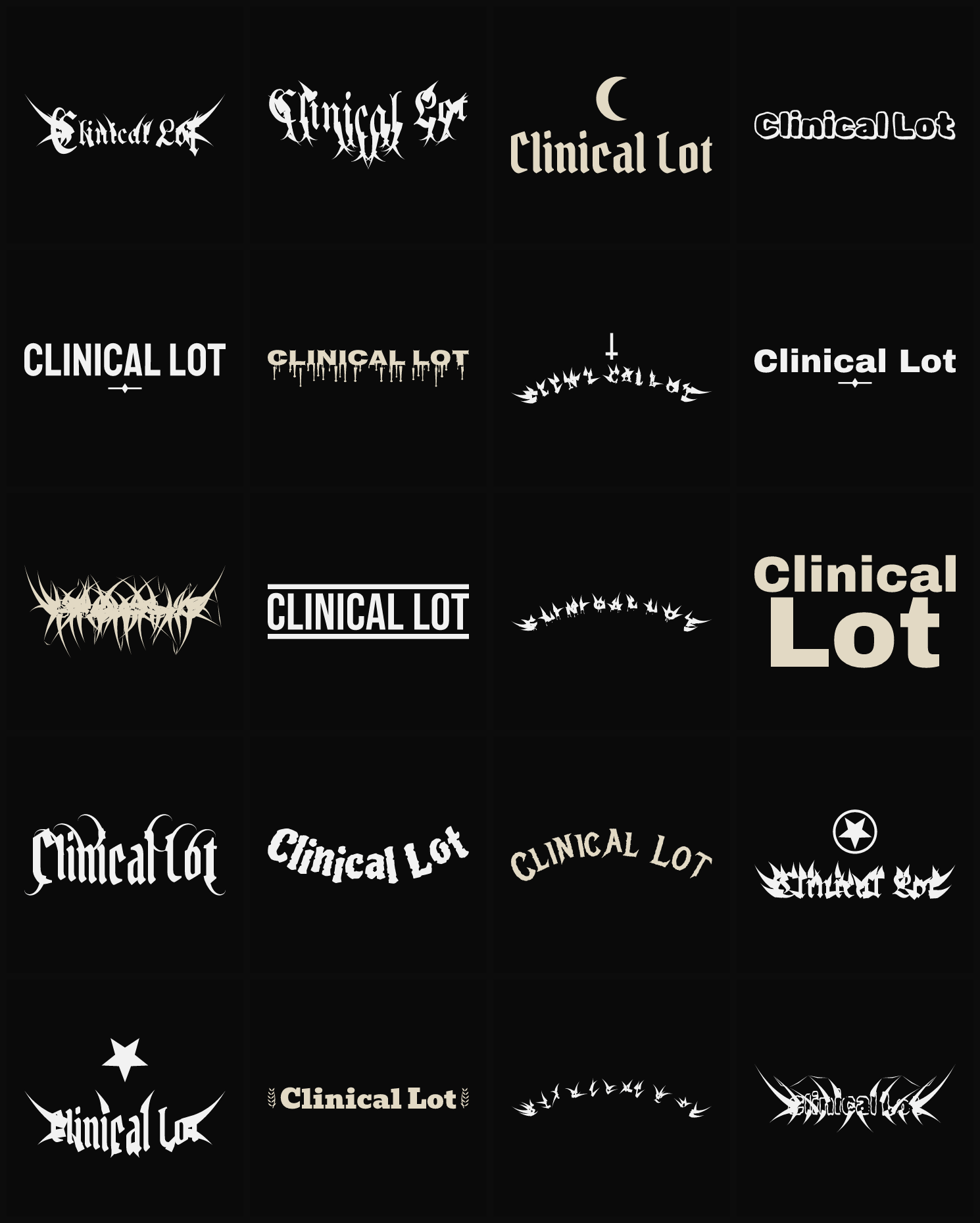 Twenty Clinical Lot band logo ideas — different faces, treatments and spike settings