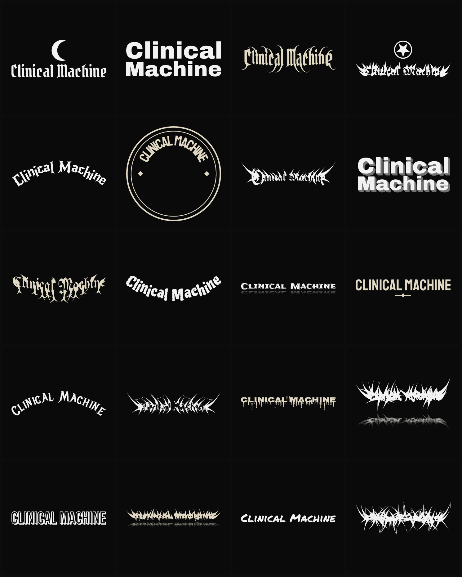 Twenty Clinical Machine band logo ideas — different faces, treatments and spike settings