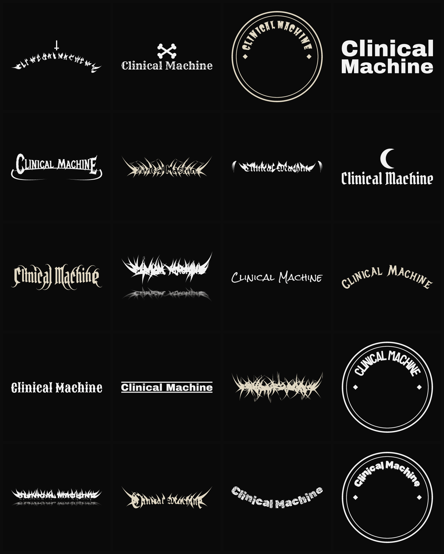 Twenty Clinical Machine band logo ideas — different faces, treatments and spike settings