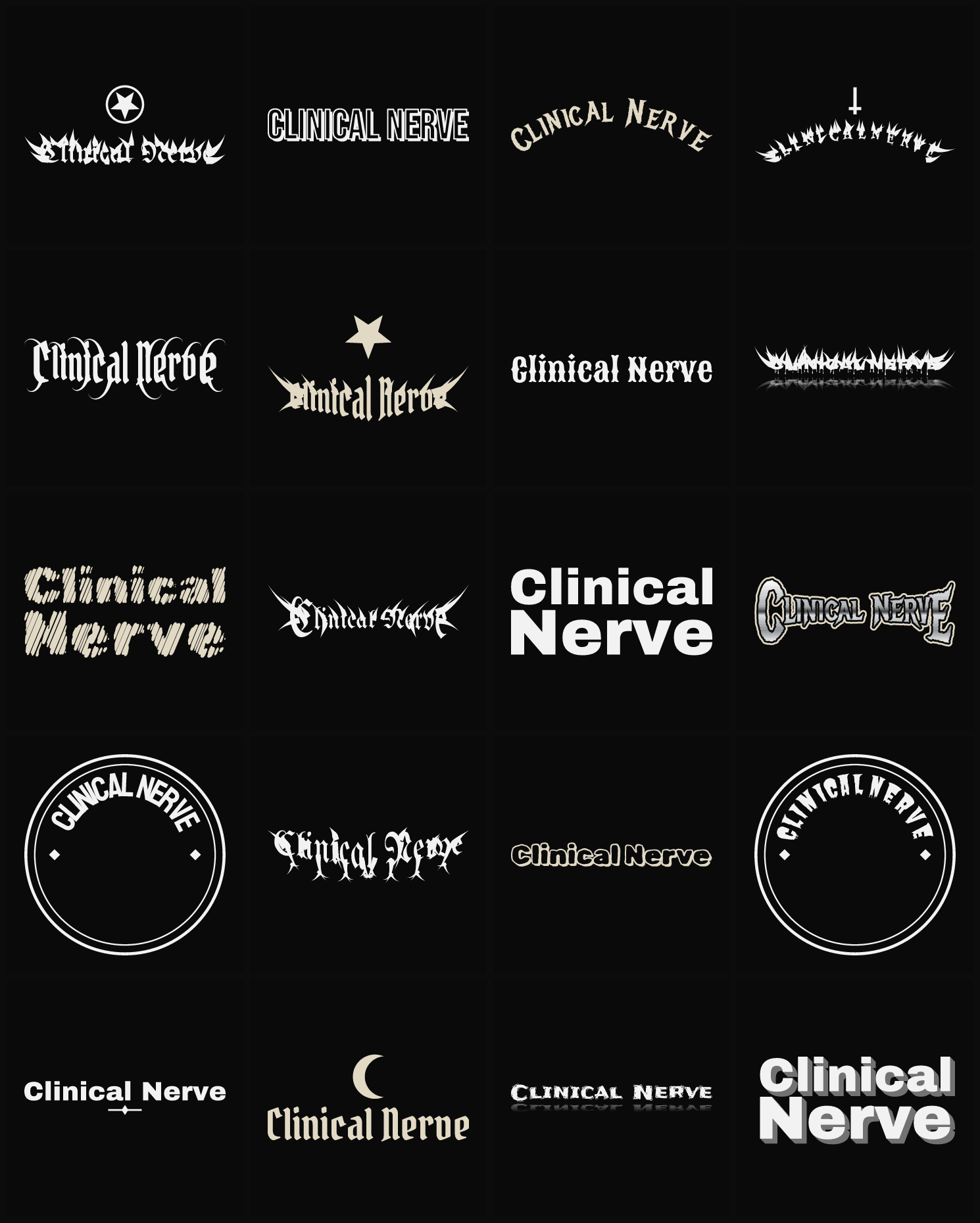 Twenty Clinical Nerve band logo ideas — different faces, treatments and spike settings