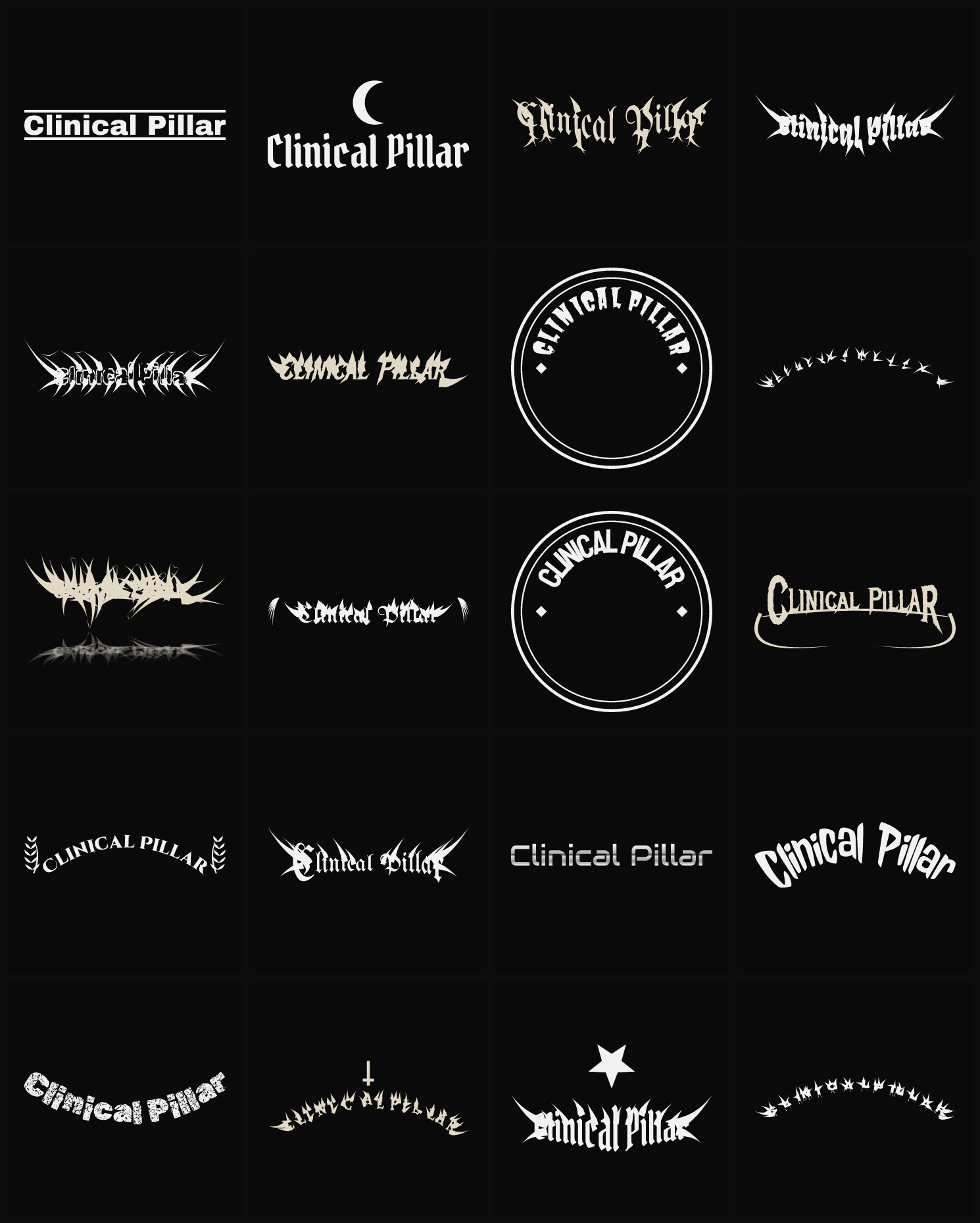 Twenty Clinical Pillar band logo ideas — different faces, treatments and spike settings