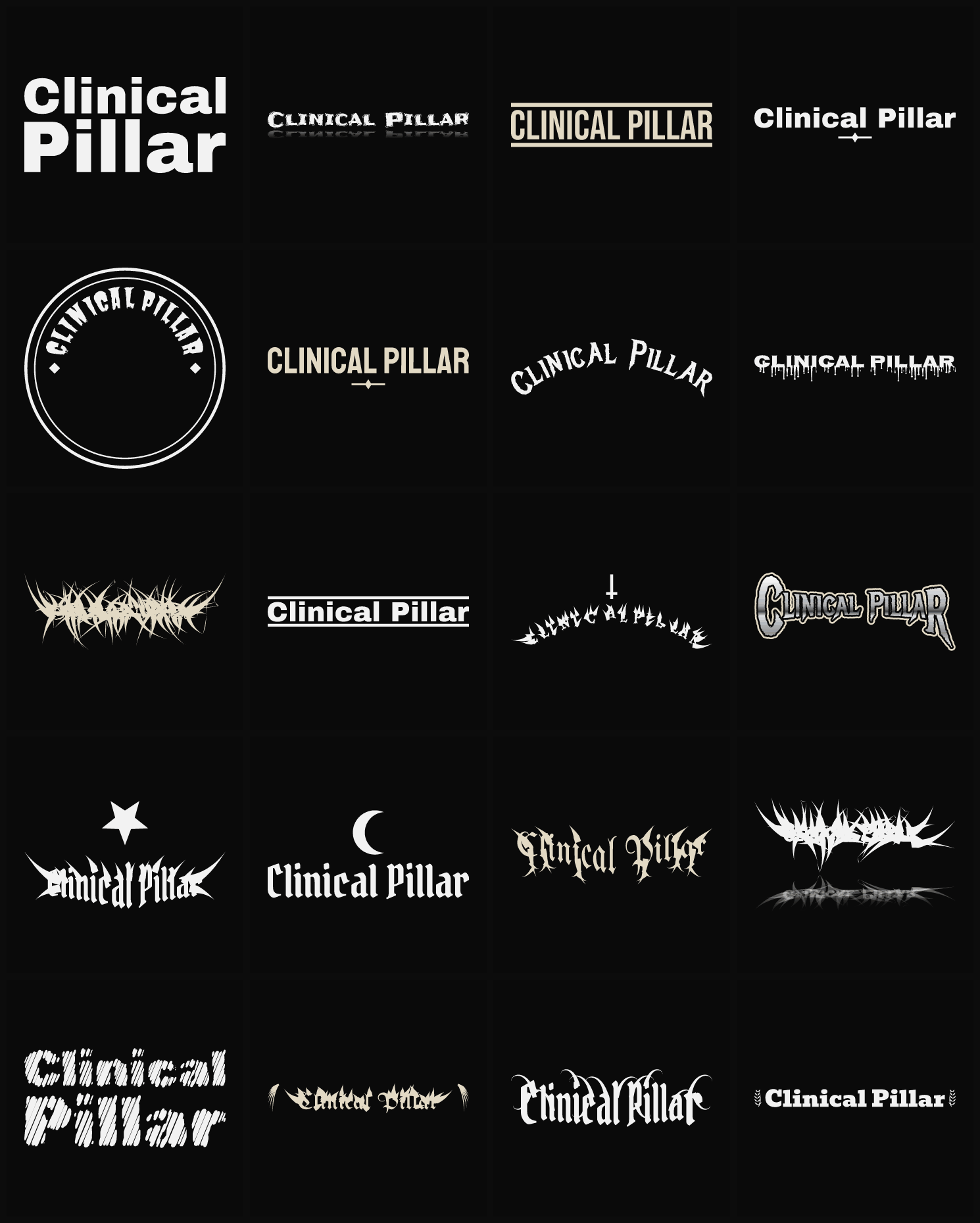 Twenty Clinical Pillar band logo ideas — different faces, treatments and spike settings