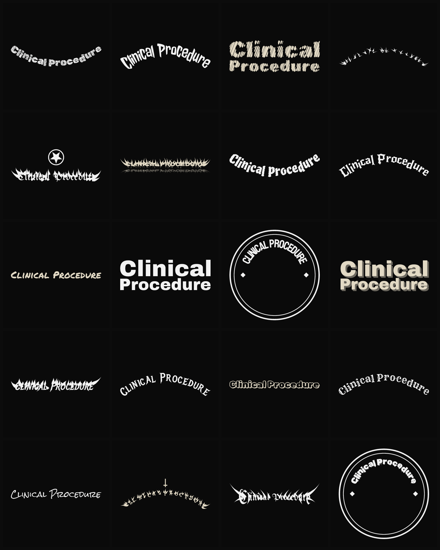 Twenty Clinical Procedure band logo ideas — different faces, treatments and spike settings