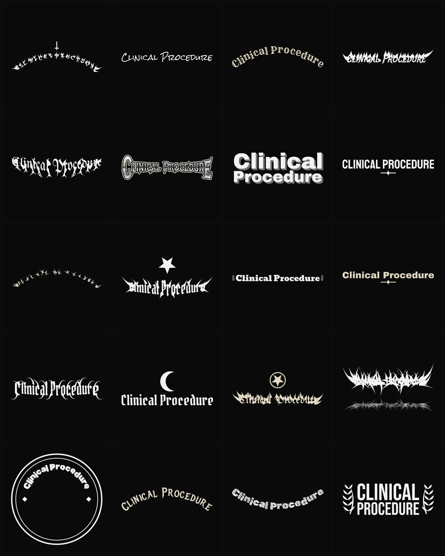 Twenty Clinical Procedure band logo ideas — different faces, treatments and spike settings