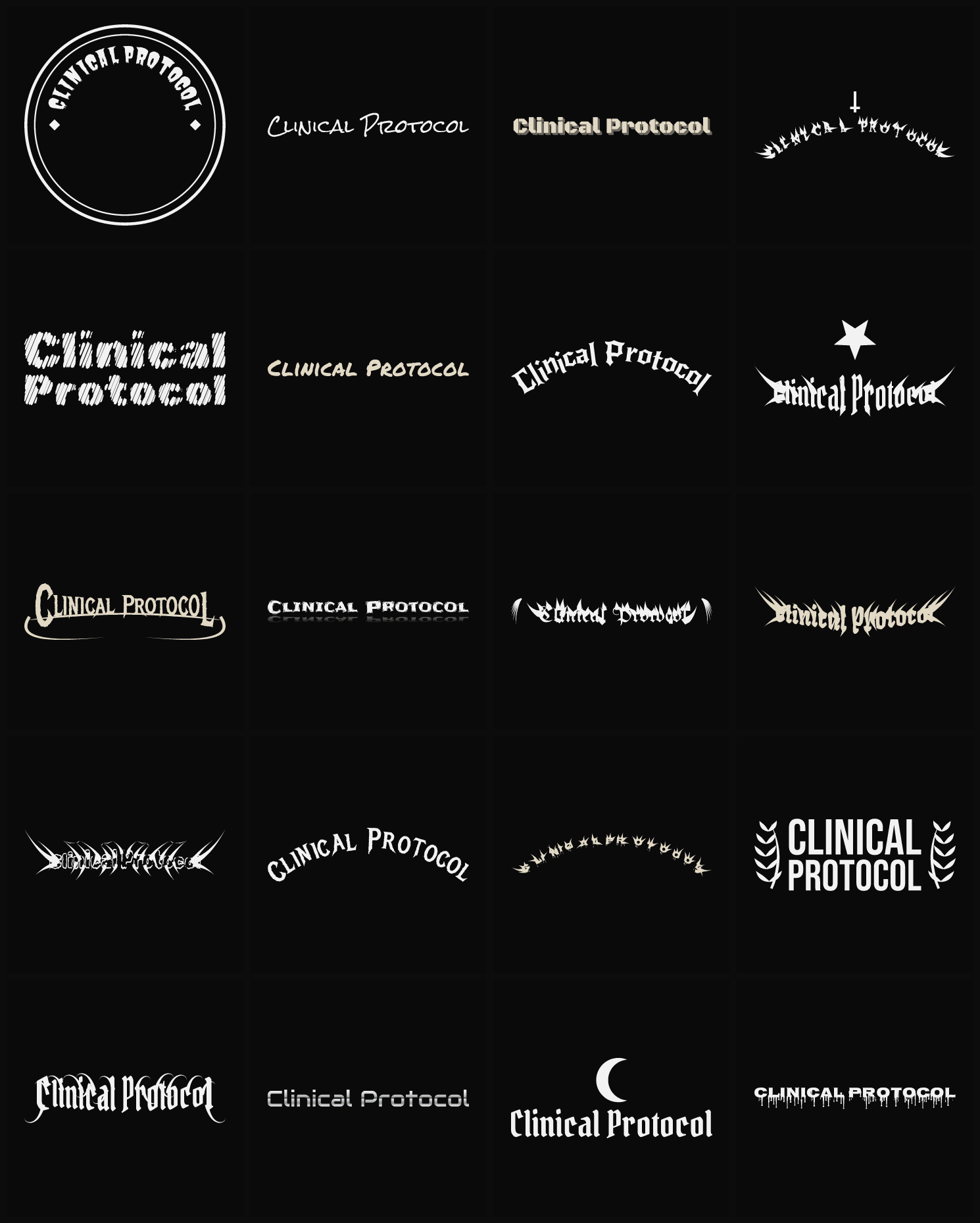 Twenty Clinical Protocol band logo ideas — different faces, treatments and spike settings
