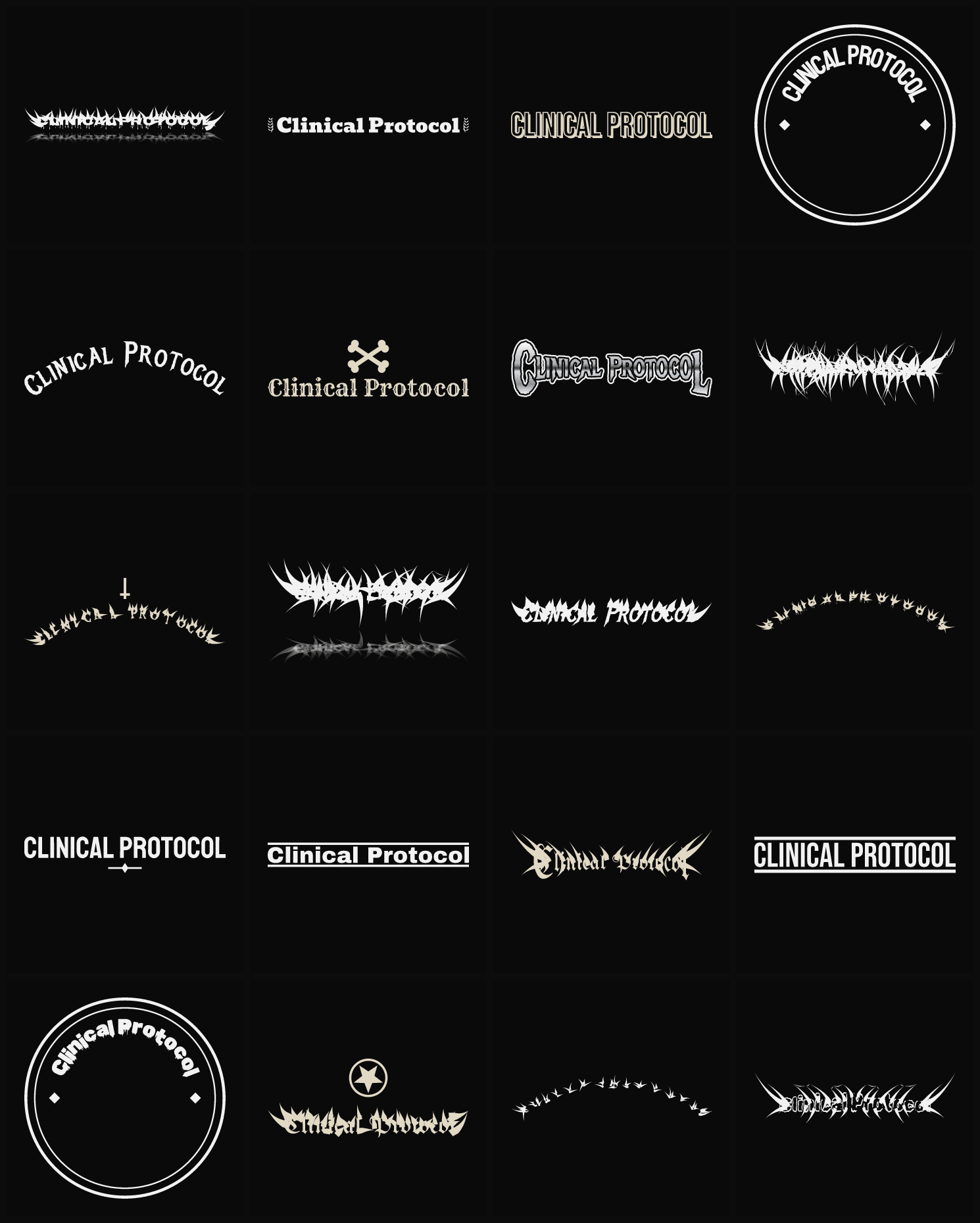 Twenty Clinical Protocol band logo ideas — different faces, treatments and spike settings